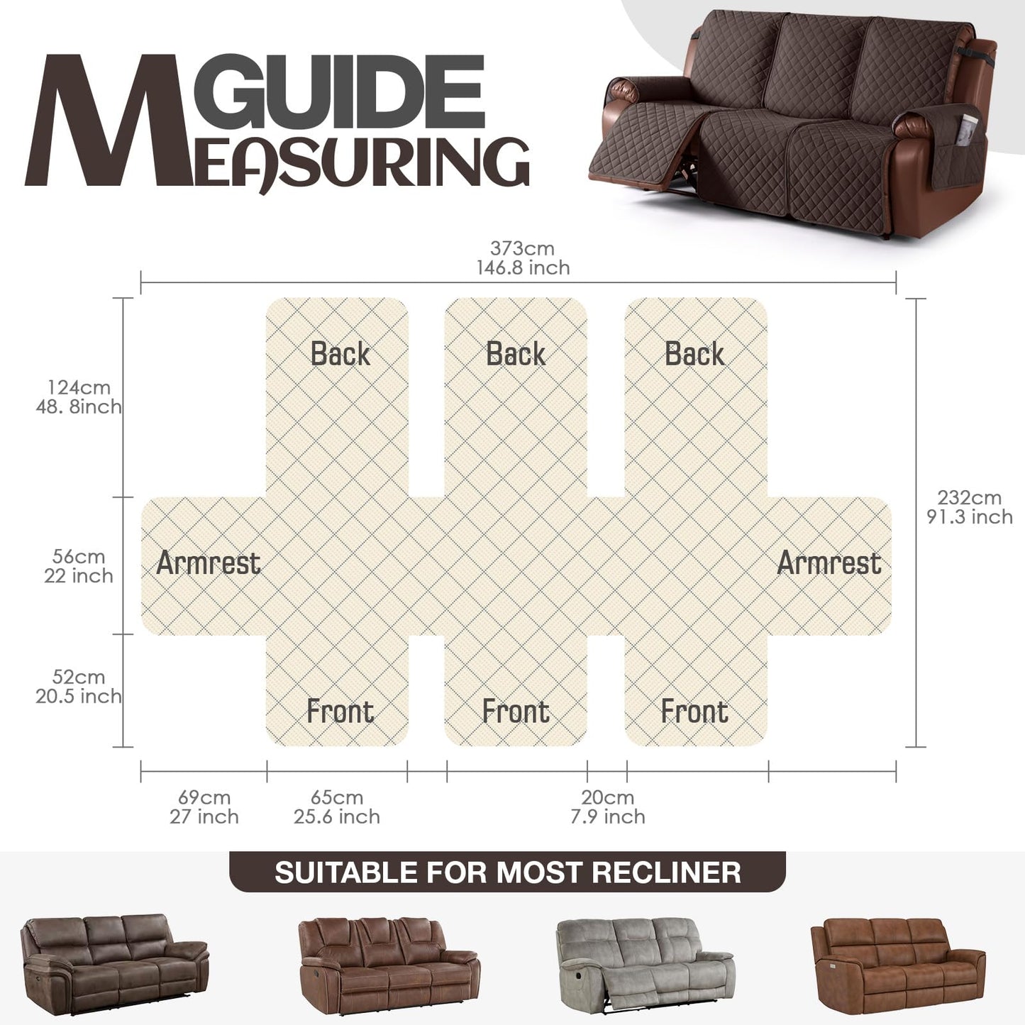 KinCam Waterproof Recliner Sofa Cover, Non-Slip Reclining Couch Covers for 3 Seat, Recliner Couch Cover Furniture Protector with Elastic Straps for Pets, Kids, Chocolate