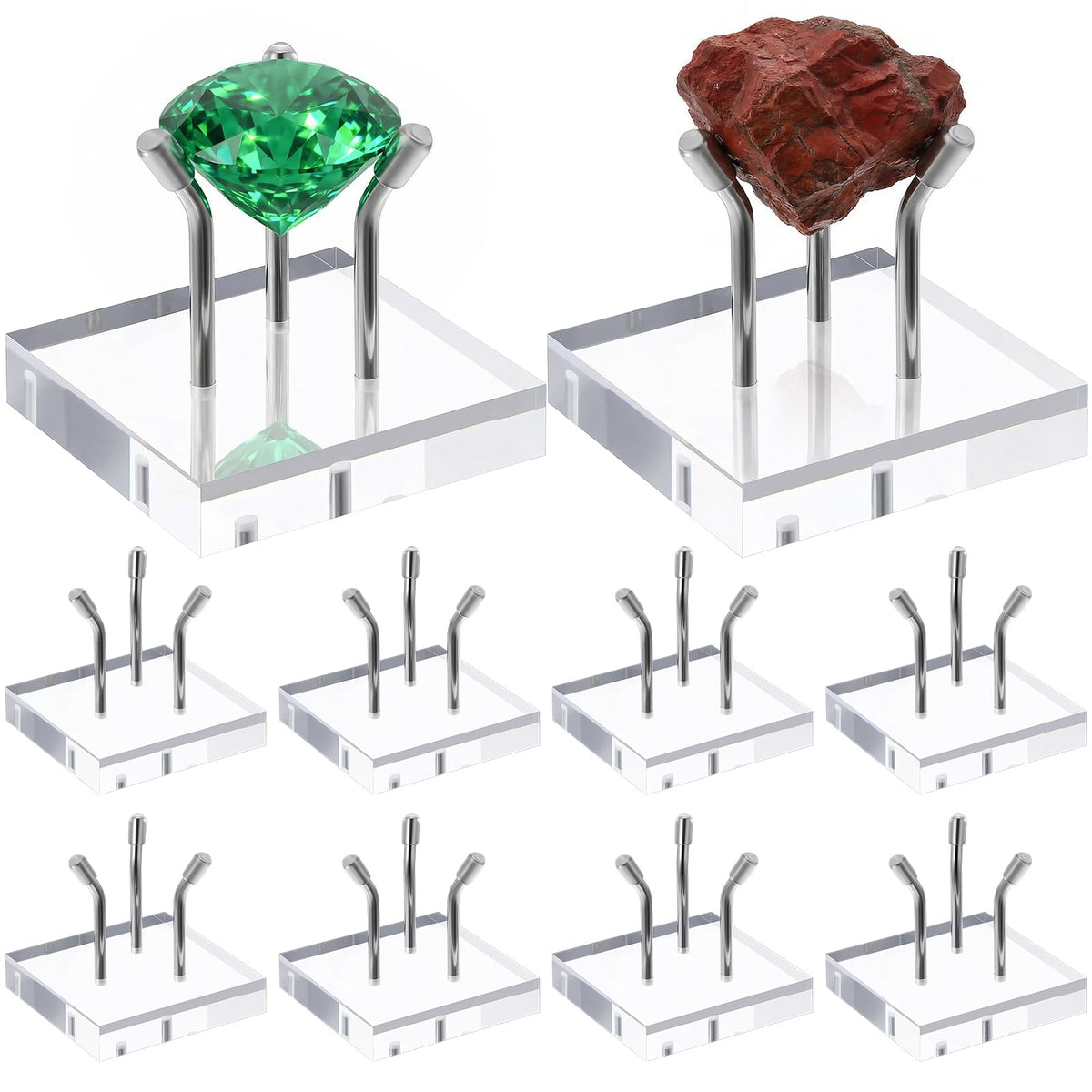 Oqqlin 10 Pcs 3 Metal Peg Rock Display, Crystal Display Stand with Clear Acrylic Base Metal Pegs Fossil Stand Easel for Rocks, Crystal, Mineral, Geodes, Decorative Balls (2 x 2 Inch)