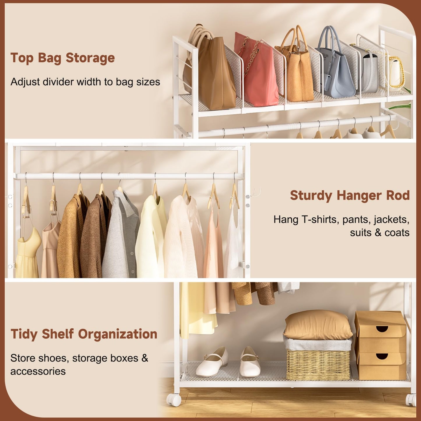 Portable Clothes Rack with Adjustable Shelf Divider, Freestanding Closet Organizers and Storage, Garment Rack and Purse Storage with 8 Hooks, Clothes Organizer on Wheels for Hanging Clothes, White