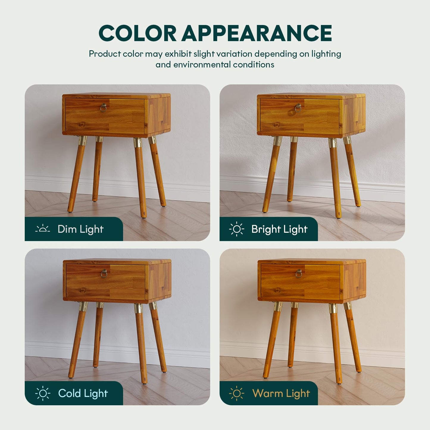 Bme Alden Solid Wood Nightstand/Side Table/End Table, Fully Assembled, with 1-Drawer for Mid Century Bedroom and Living Room, (12mm), Caramel