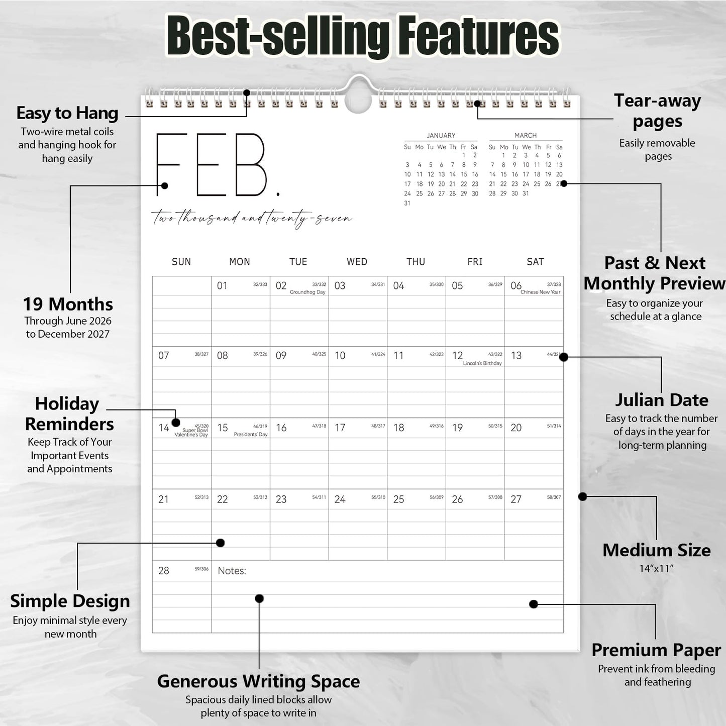 Guasslee Wall Calendar 2026-2027, Vertical Calendar Wall 2026, Jun. 2026-Dec. 2027, 19-Month Paper Calendar Spiral Bound, Monthly Planner Wall for Office School Home Easy Organizing, 14” X 11”
