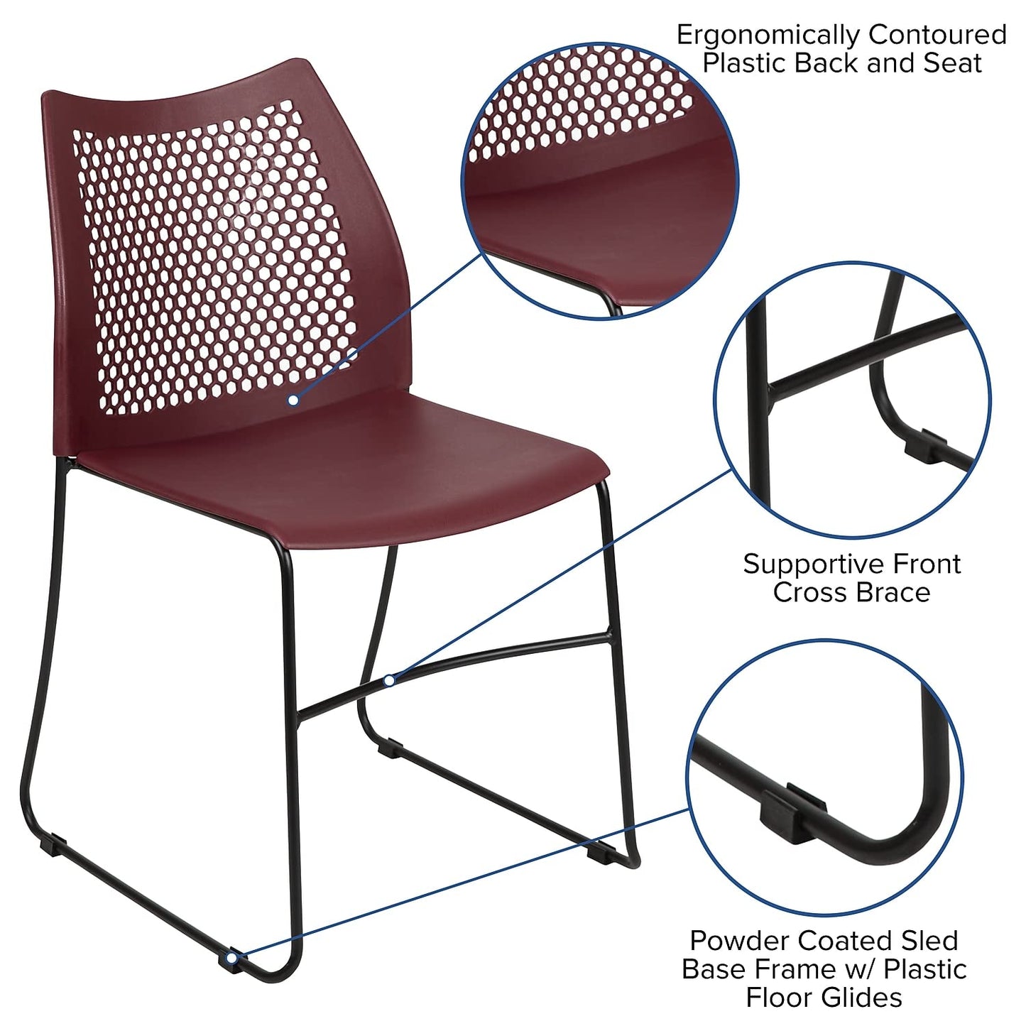 Flash Furniture HERCULES Series 5 Pack 661 lb. Capacity Burgundy Stack Chair with Air-Vent Back and Black Powder Coated Sled Base