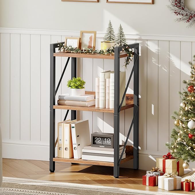 HOOBRO Bookshelf, 3-Tier Industrial Bookcase, Book Shelf Storage Organizer
