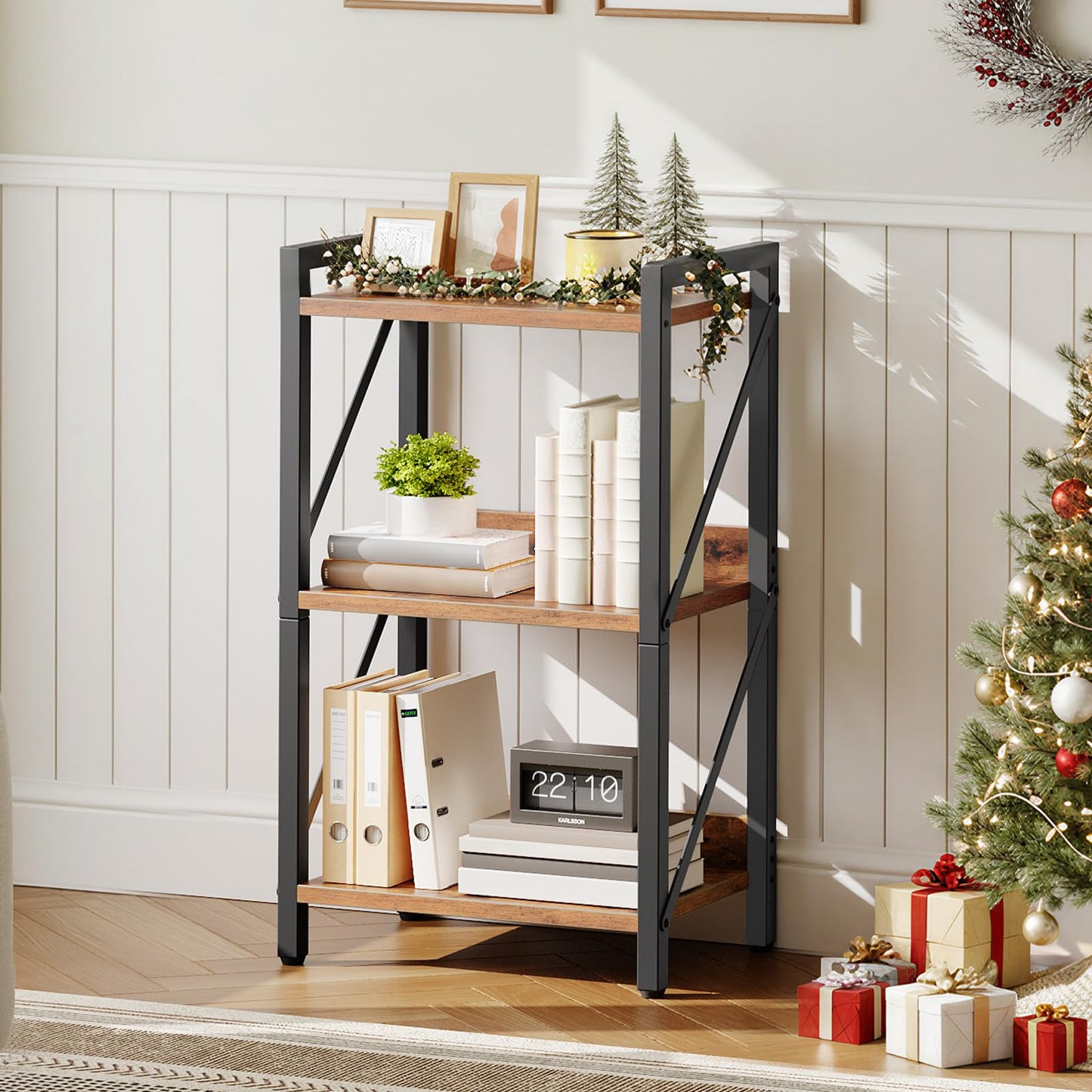 HOOBRO Bookshelf, 3-Tier Industrial Bookcase, Book Shelf Storage Organizer, Small Bookshelf with Metal Frame for Living Room, Bedroom, Home Office, Kitchen, Rustic Brown and Black BF71SJ01