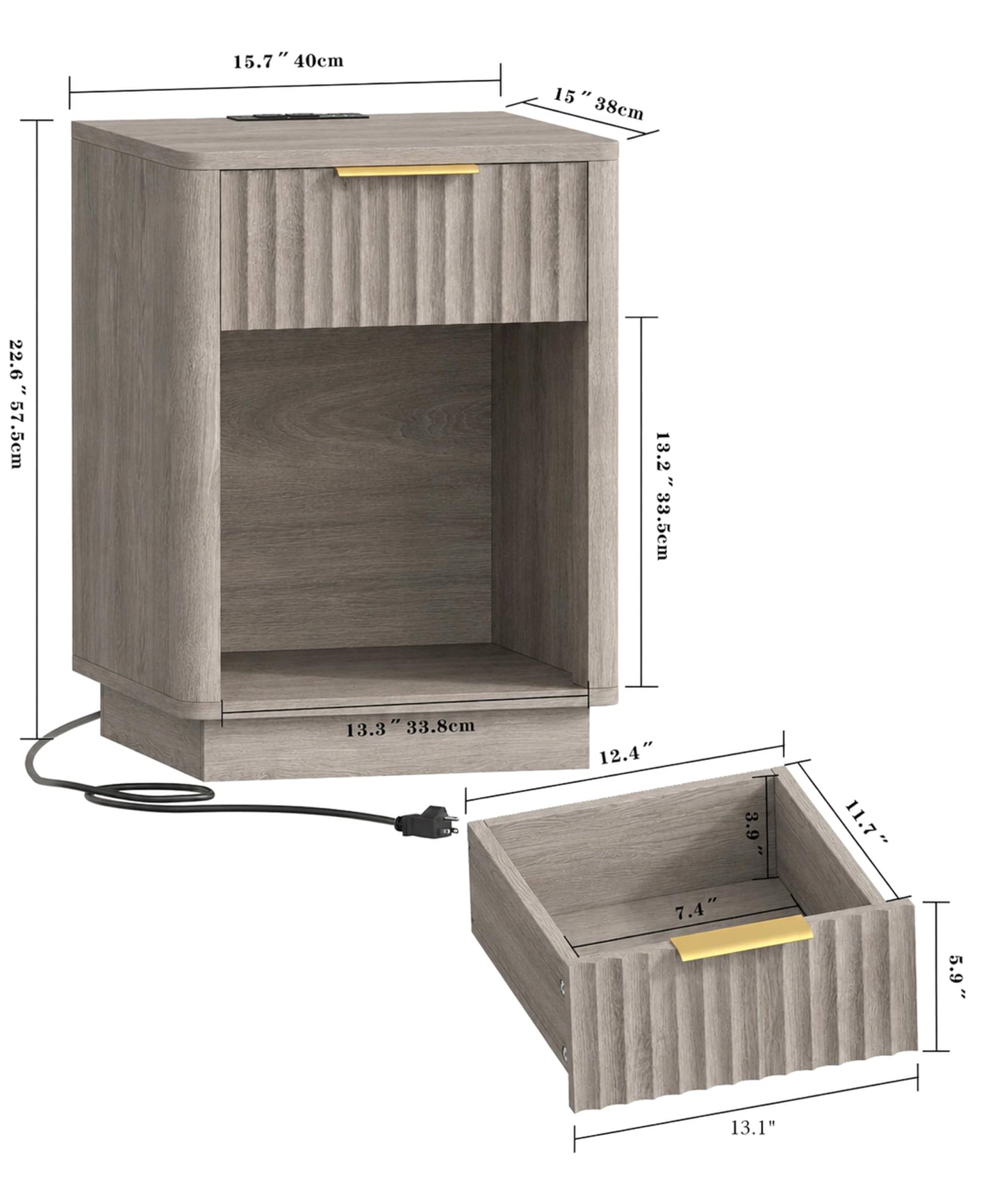 Akxomel Fluted Nightstands Set of 2, Wooden Night Stand with Charging Station and LED Light, Modern Mid Century Bed Side End Table with Drawer, 15" D x 15.7" W x 22.6" H, for Bedroom, Greige