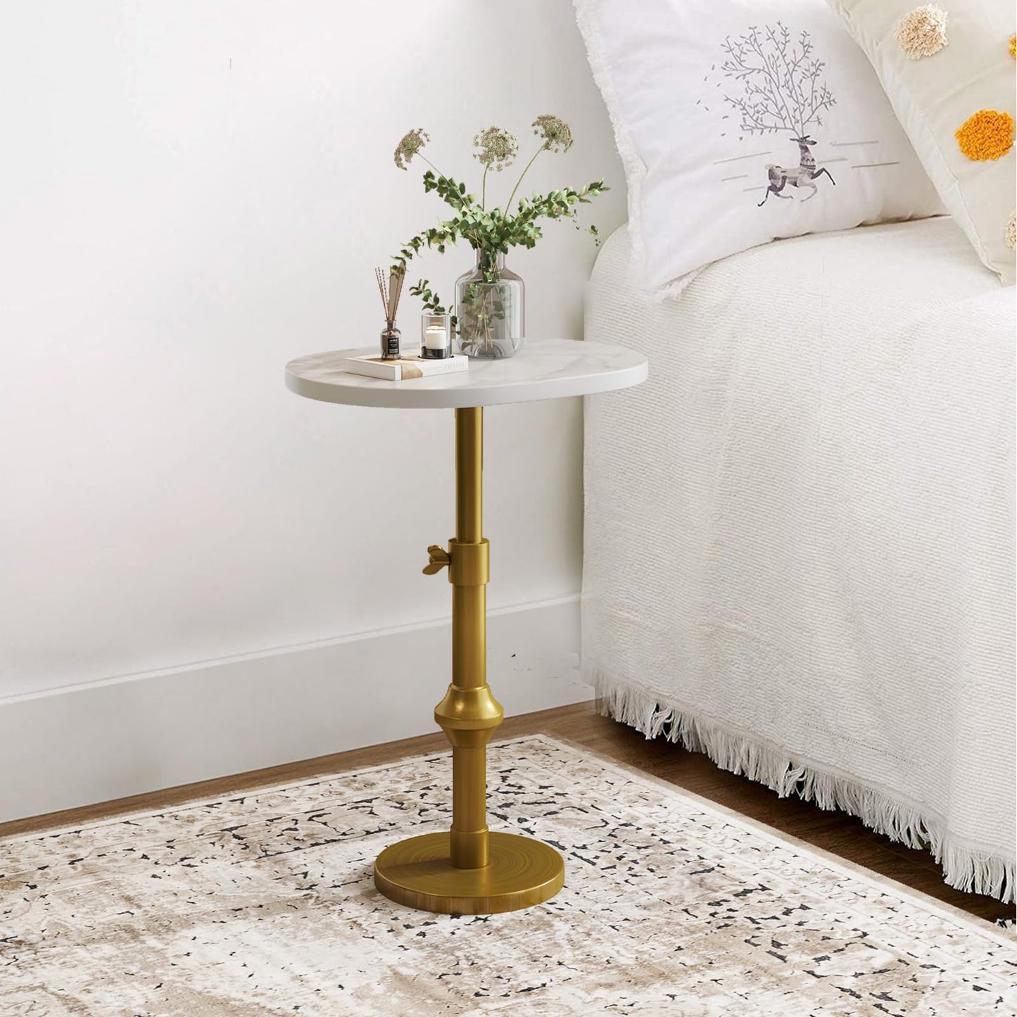 WHGBJA Adjustable Drink Table, 10"x12"x(22“~30") Martini Table with Metal Antique Brass Stand Base, Drink Tables for Small Spaces, Living Room, Bedroom, Or Office (White)