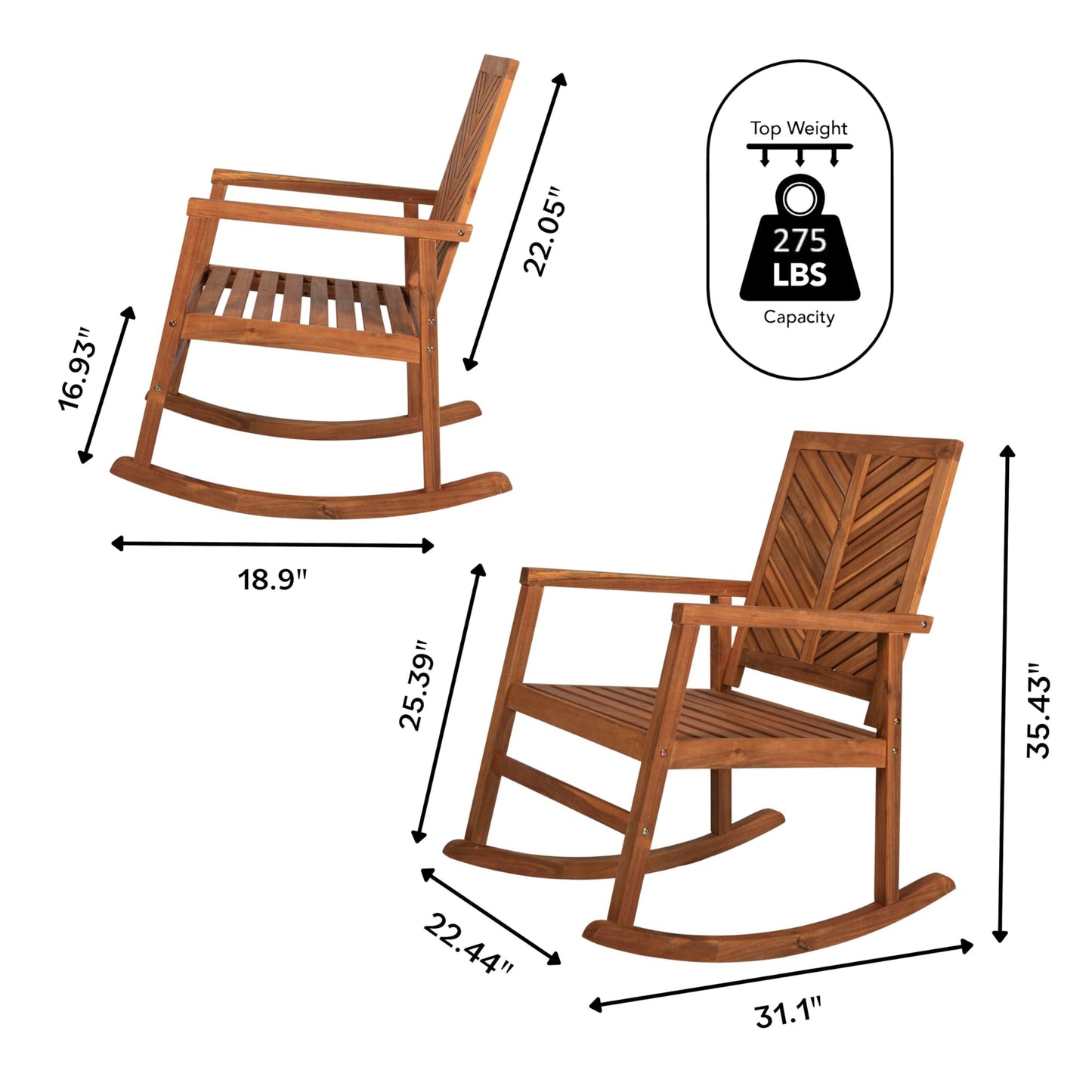 JONATHAN Y Ned Solid Acacia Wood Outdoor Rocking Chair, All-Weather Chevron High Back Porch Rocker for Patio, Deck and Garden, Farmhouse Teak Finish Wood Armchair, 35" Height RCK100A
