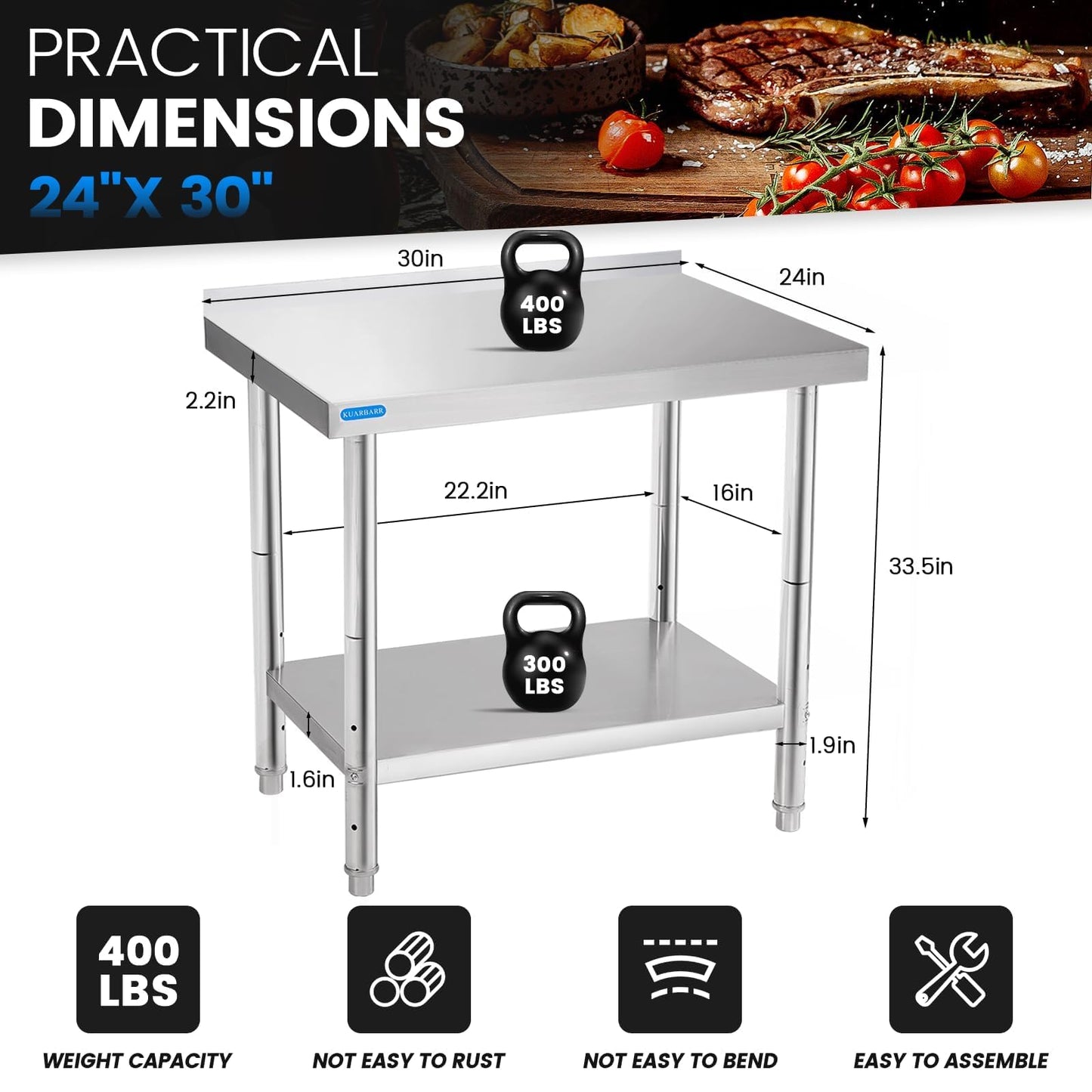 KUARBARR Stainless Steel Table for Prep & Work with Backsplash 24 x 30 Inches NSF Metal Commercial Kitchen Adjustable Under Shelf Worktable for Restaurant Home Outdoor