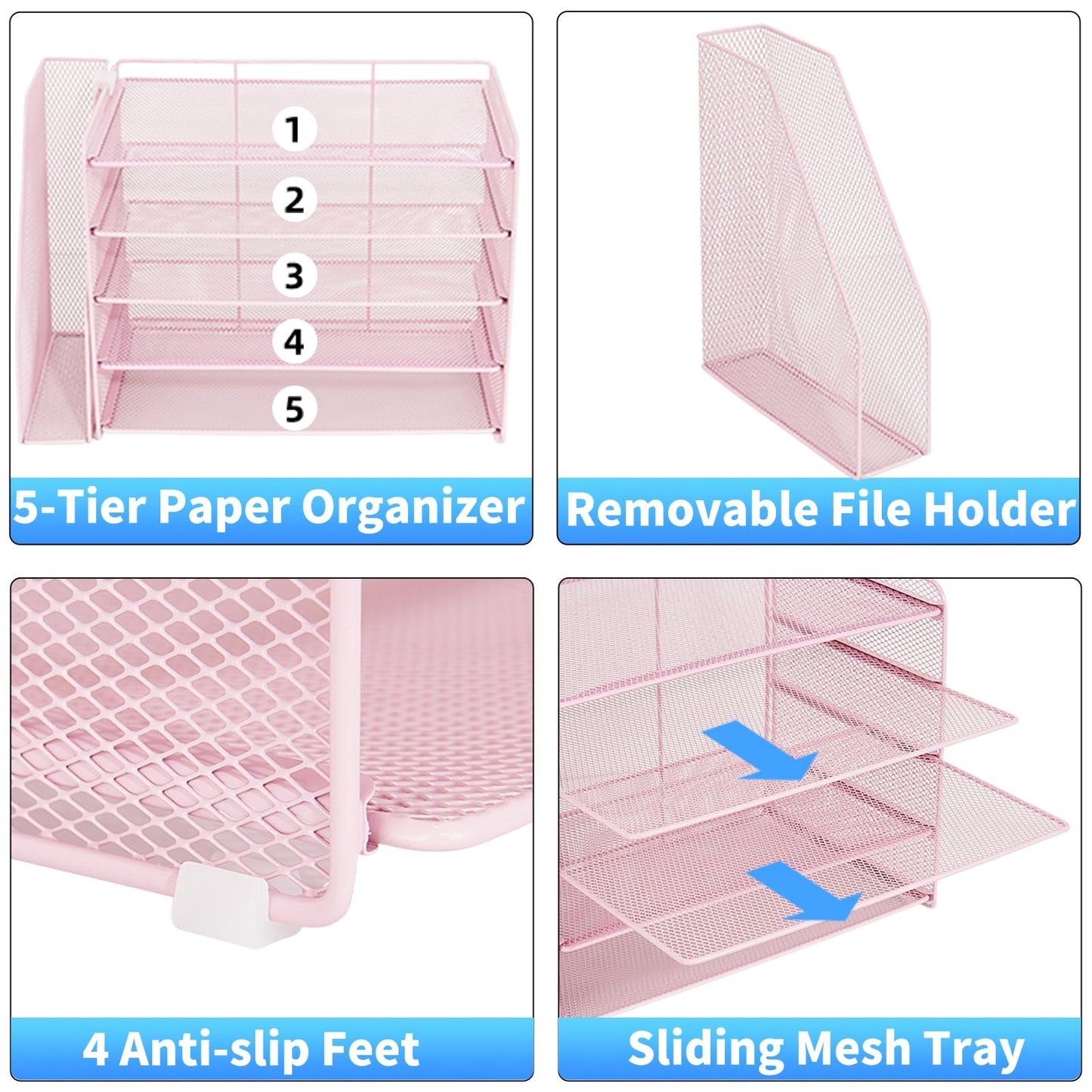 OPNICE Desk Organizer, 5-Tier Paper Organizer Letter Tray with Magazine Holder, Office Desk Accessories & Workspace Organizers, Desktop File Organizer for Office Supplies Storage, Pink