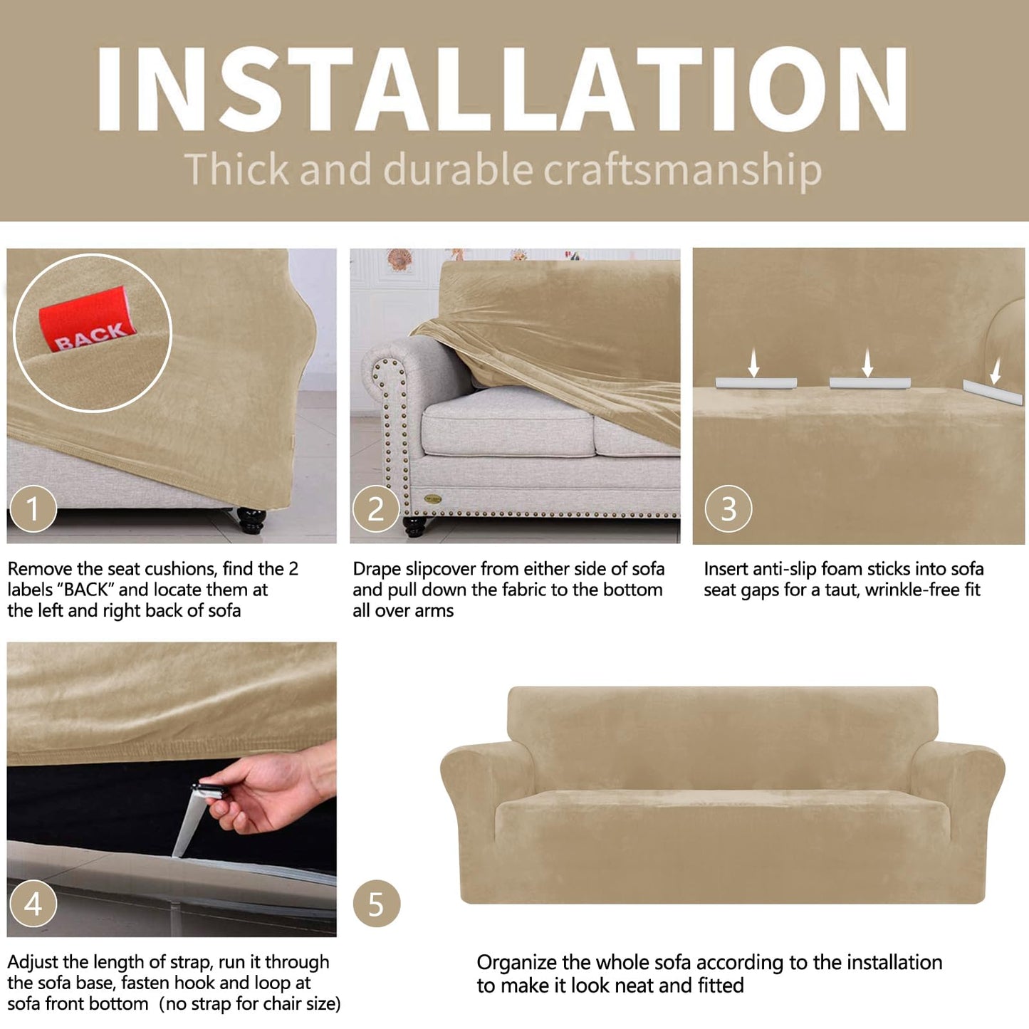 YEMYHOM Real Velvet Couch Covers for 2 Cushion Couch High Stretch 1 Piece Loveseat Slipcover for Pets Dogs Anti Slip Love Seat Sofa Slipcover Furniture Protector (55"-69", Camel)