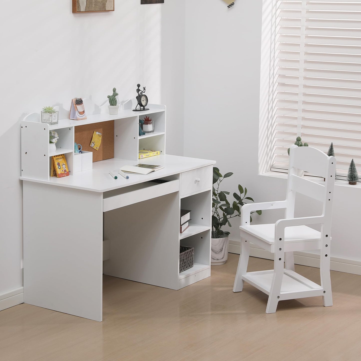 Garvee Study Desk and Chair Set, Learning Desk for Kids - Features Bulletin Board, Keyboard Drawer, Open Shelves and Storage Space- Perfect for Children Ages 3-8