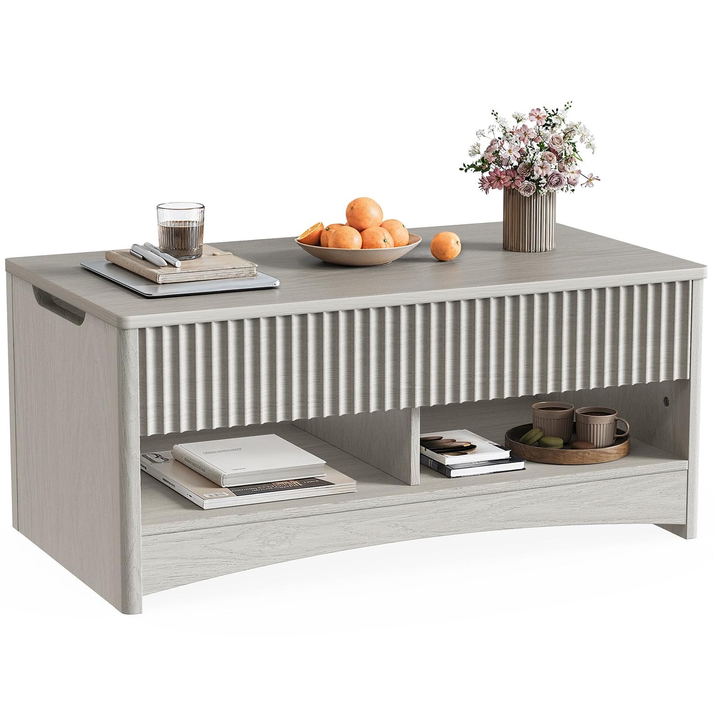 Marsail Lift-Top Coffee Table, Fluted Center Table with Hidden Compartments, Smooth Lifting & Space-Saving Design, Versatile Wood Coffee Table for Living Room and Office, Grey