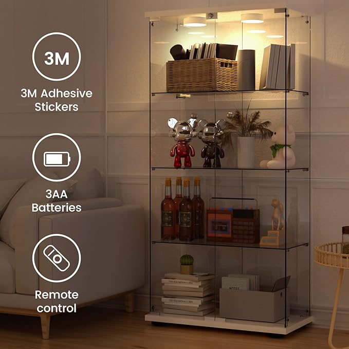 Display Cabinet with Light, Glass Door and Lock, 4-Shelf Fast Installation in
