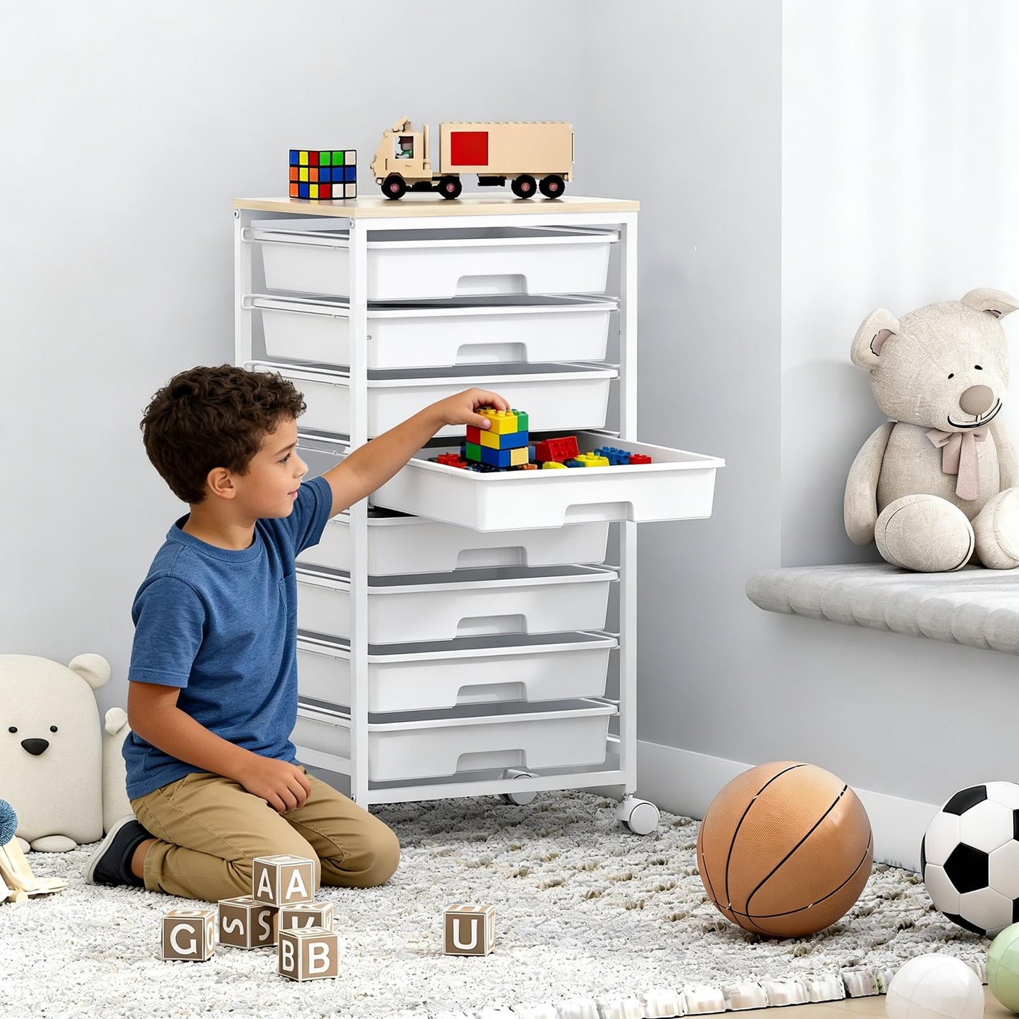 SYKIARIOL Rolling Storage Cart with Drawers,Utility Cart With 8 Drawers and Wooden Tabletop,Rolling Drawer Cart,Storage Drawer Cart for Living Room,Classroom,Bedroom,Bathroom,Dorm,Office,White
