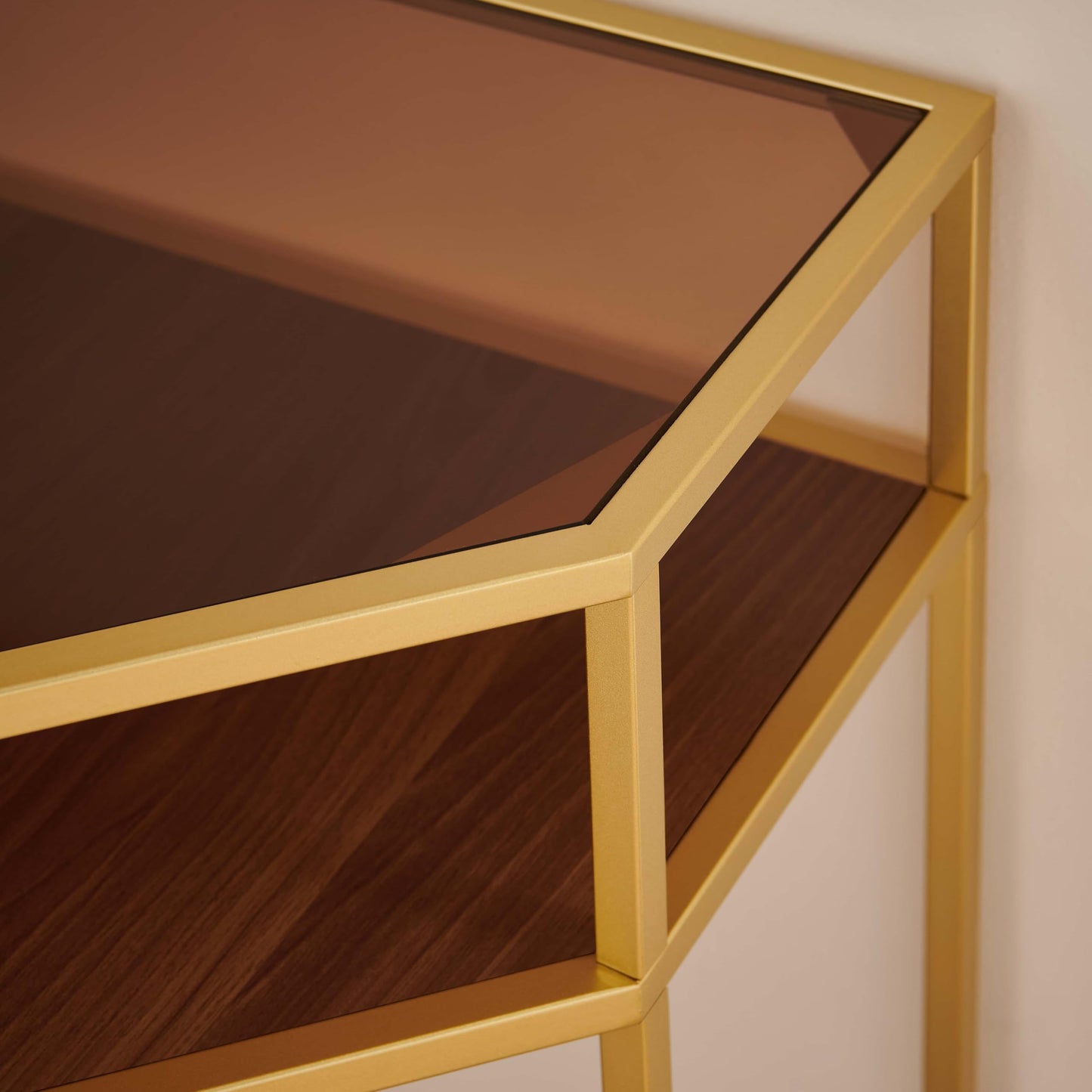 LumFurn Corner Table for Small Space, Triangle Computer Desk for Living Room, Bedroom, Workstation, Office, 2-Tier Structure, Amber Glass Top and Walnut Shelf with Gold Finish Frame