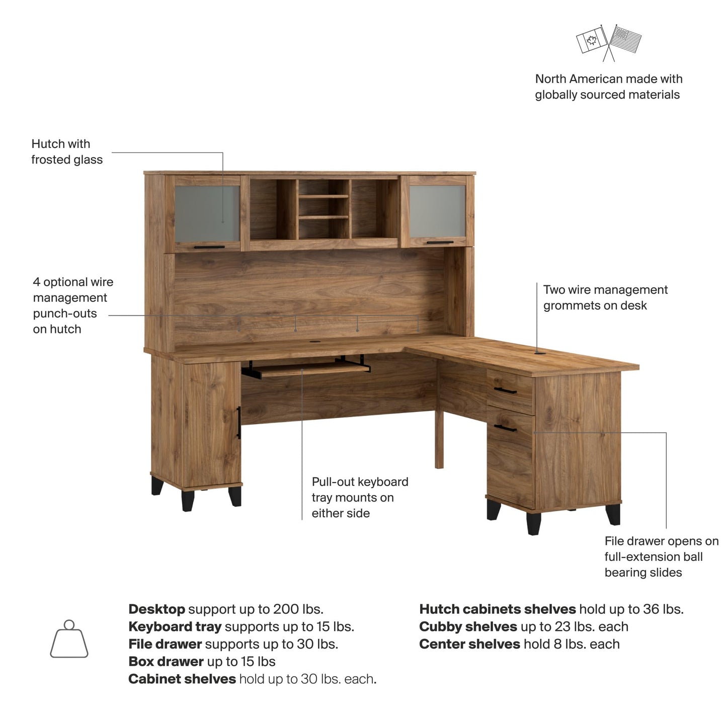 Bush Furniture Somerset L Shaped Desk with Hutch in Fresh Walnut | Corner Computer Table with Drawers, Cabinets and Pullout Keyboard/Laptop Tray for Home Office