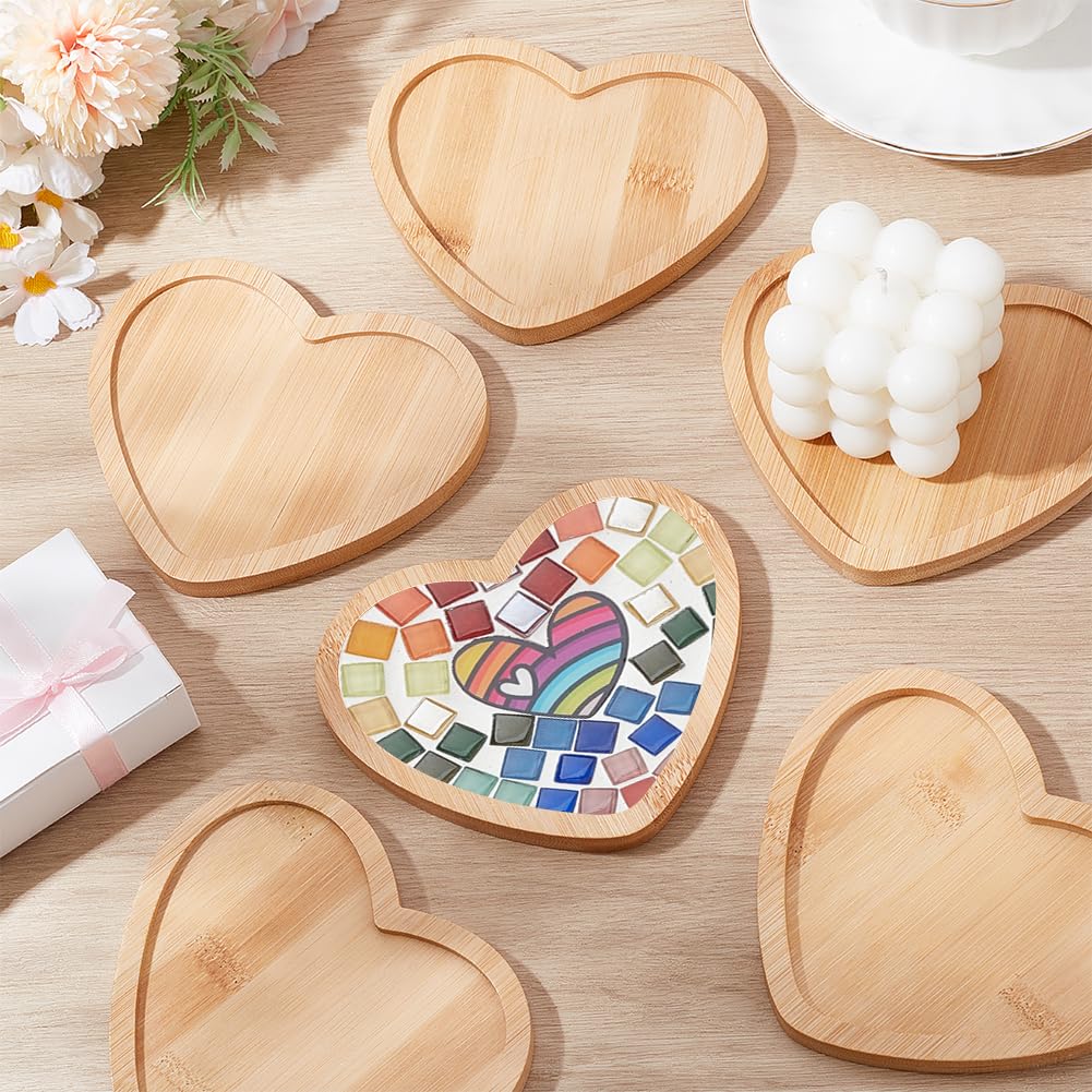 WEBEEDY 8 Pcs Heart Shape Bamboo Coasters Blank Coaster Base Fillable DIY Mosaic Tray Crafts, Plate Ornaments for Home Decor Tabletop Mosaic Coaster Making Craft Wedding Valentine's Day Gift, 5.3 Inch