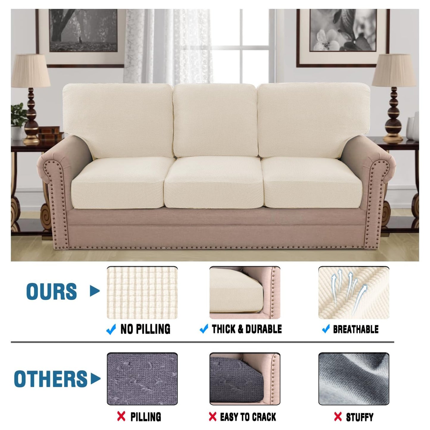 H.VERSAILTEX Multi-Pieces Sofa Covers for Three Cushion Couch Sofa High Stretch Seat Cover Jacquard Textured Twill Fabric(3 Seat Cover Plus 3 Back Cushion Covers, Cream)