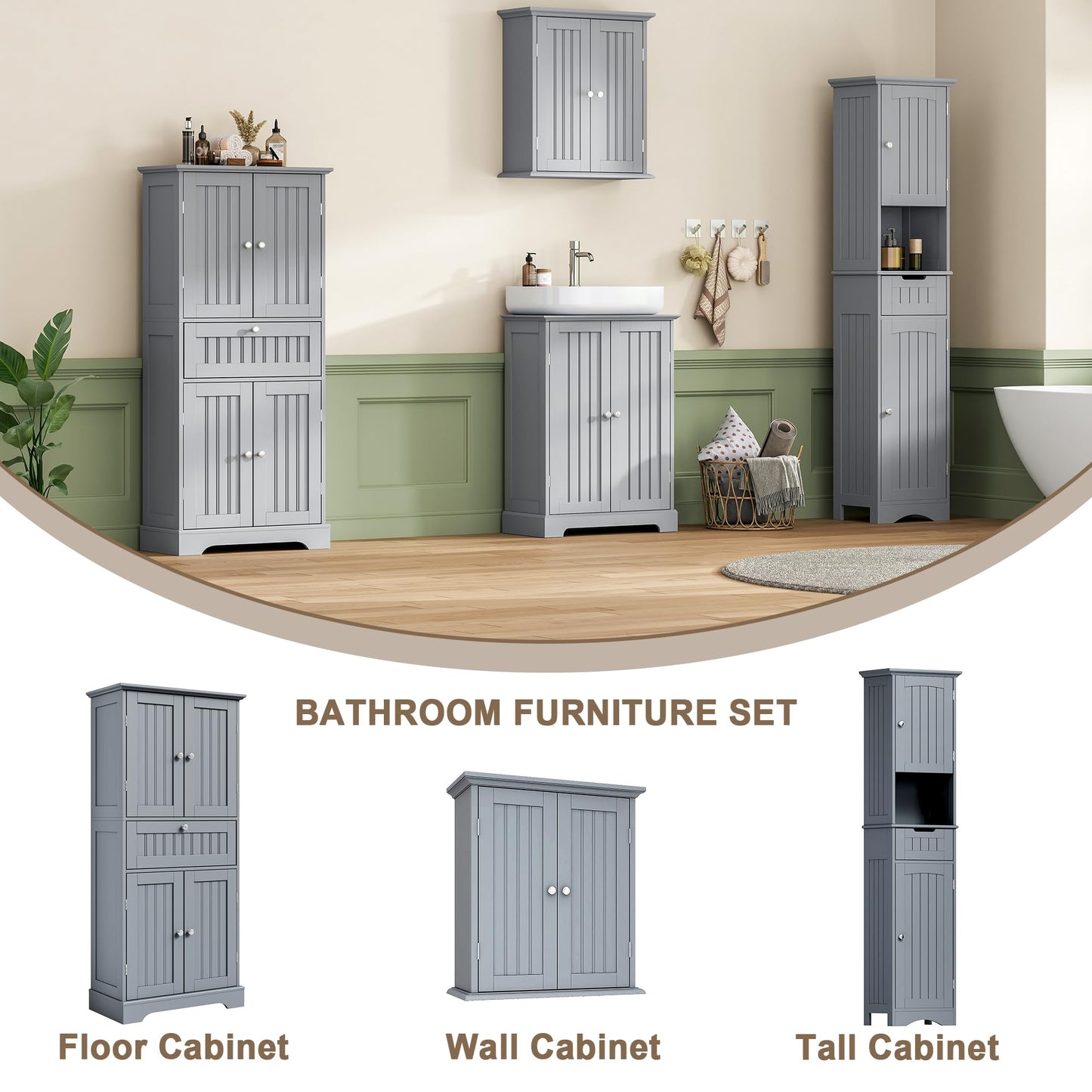 ChooChoo 51" H Tall Bathroom Floor Cabinet, Modern Bathroom Storage Cabinet with Drawer and Adjustable Shelves, Freestanding Kitchen Pantry Cupboard with 4 Doors for Living Room, Grey