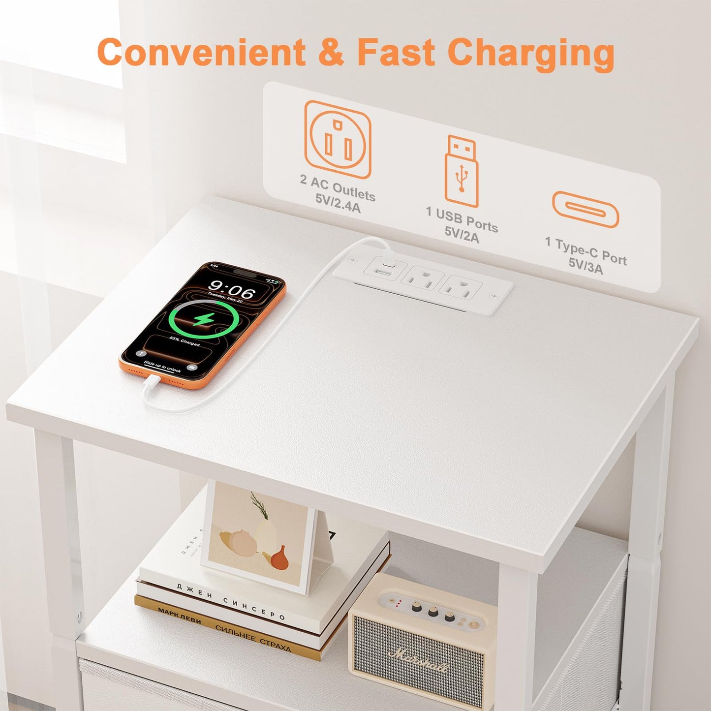 Smoproper Nightstand with Charging Station, Bedside End Table with 2 Fabric Drawers for Bedroom, Side Table with USB Ports and Outlets (White)