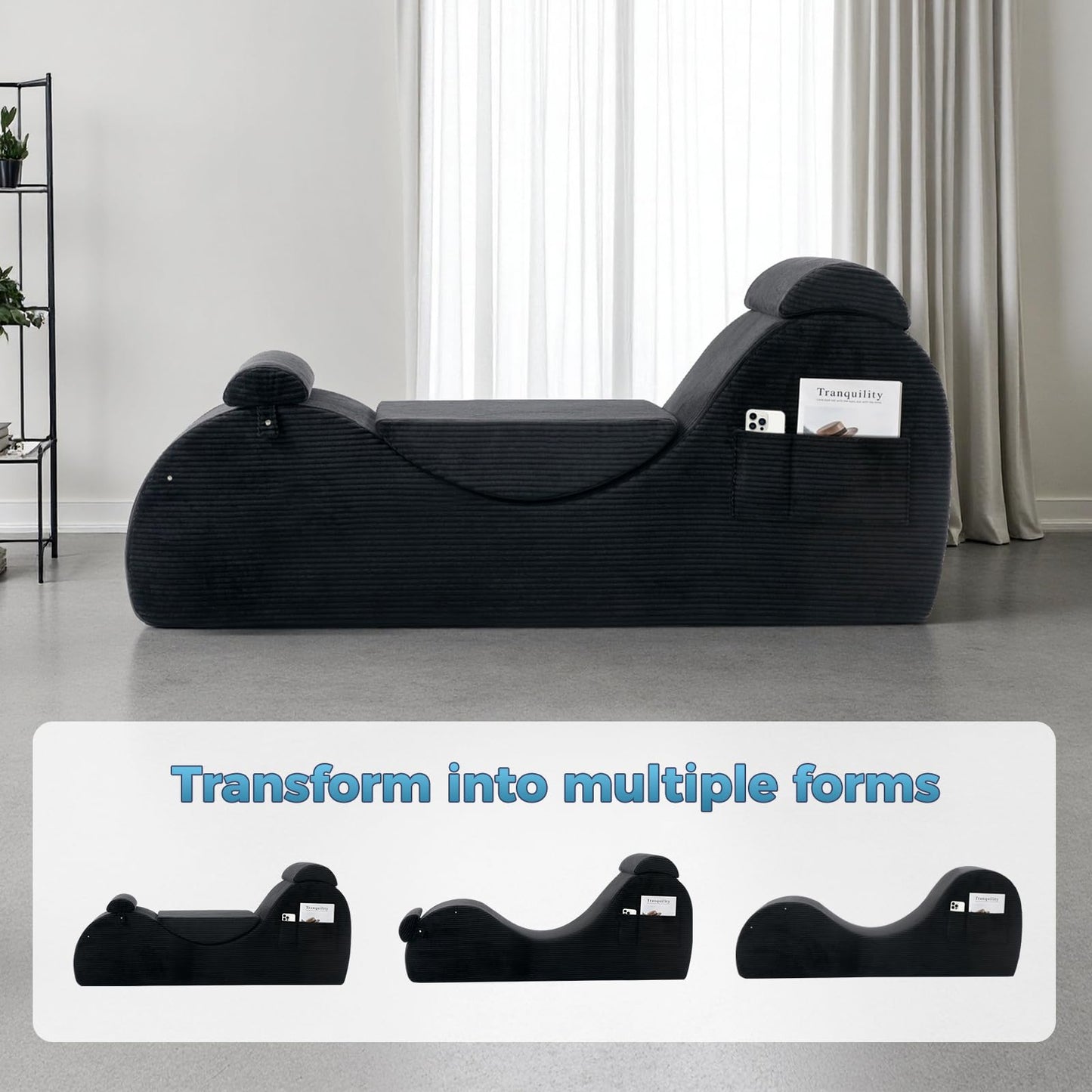 Yoga Chairs for Adults, Ergonomic Chaise Lounge Chair Indoor with Side Pocket, Lumbar Pillow, Ottoman, Yoga Chair Perfect for Stretching, Relaxation, Exercise, Used in Bedroom, Living Room（Black）