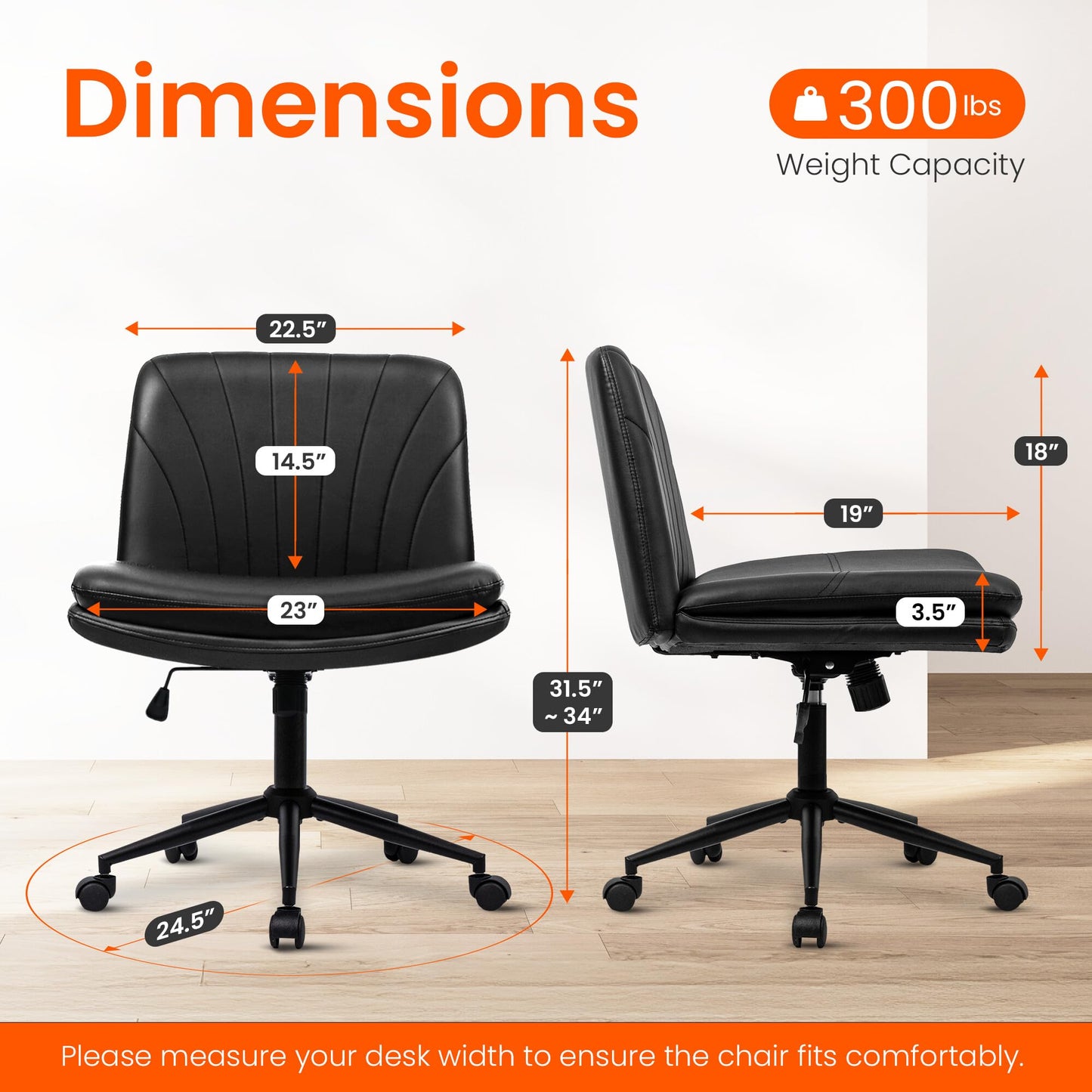 Orange Factory Criss Cross Chair with Wheels Comfy Wide Vanity Desk Chair Dual Base Leather Armless Adjustable Swivel for Home Computer Task (Black Pu, Faux Leather)