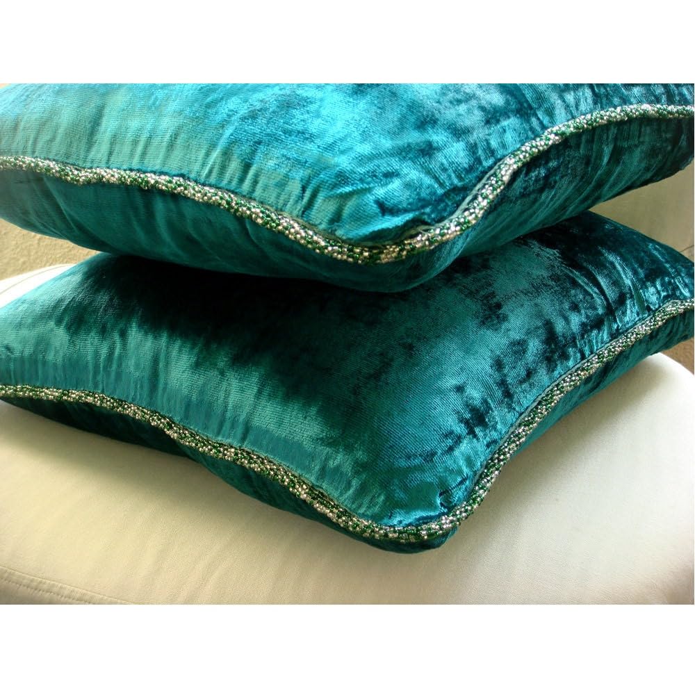 HomeCentric Royal Peacock Green Throw Pillow, 20x20 inch, Velvet Square - Solid Contemporary Design with Bead Cord