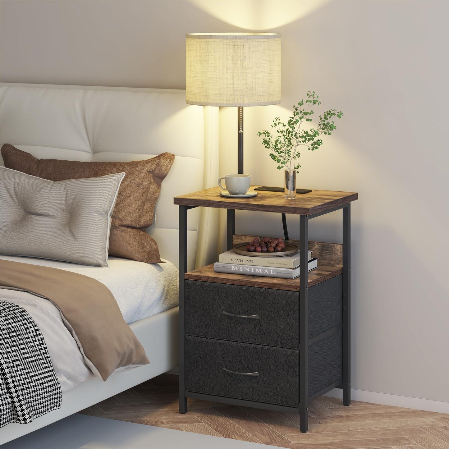 Fixwal Bedside Table with 3 Color Temperature Reading Light, Nightstand with LED Light & Charging Station End Table with Adjustable Fabric Drawer for Bedroom, Dorm, Rustic Brown