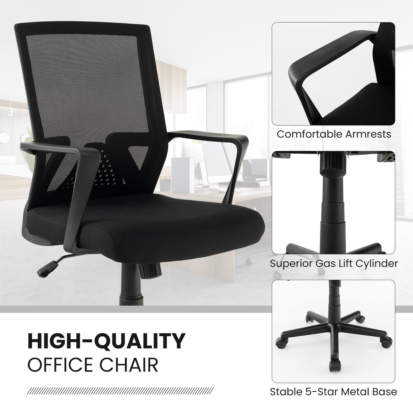 Giantex Office Desk Chair with Lumbar Support, Ergonomic Mesh Office Chair with Wheels and Armrests, Mid Back Rolling Swivel Adjustable Task Chair, Executive Computer Chair for Home Office, Black