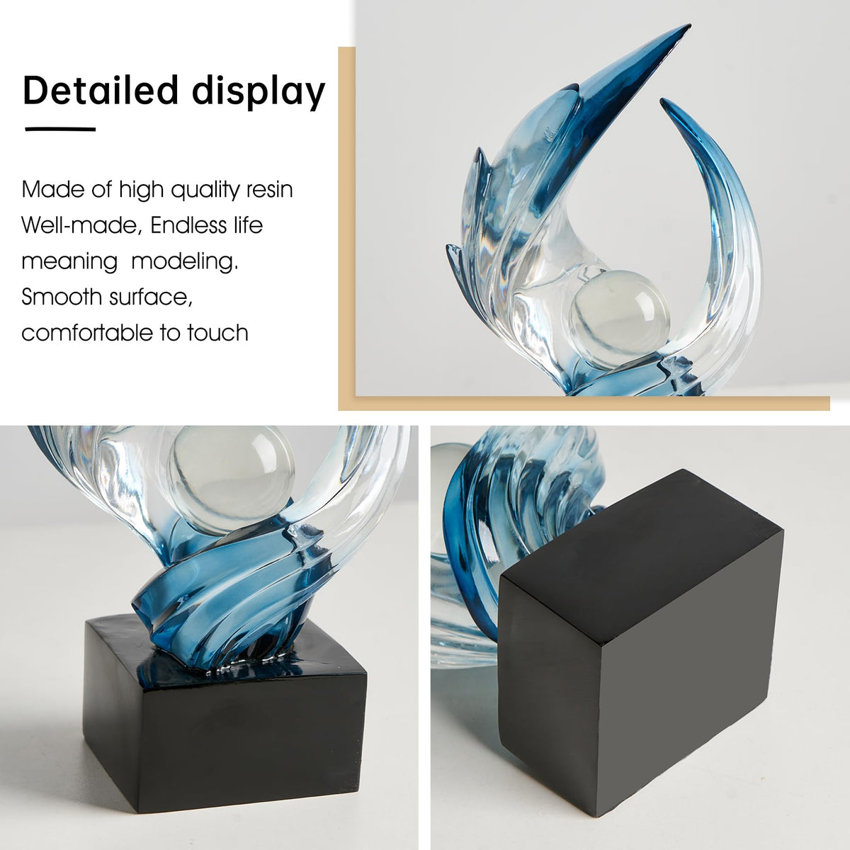 Modern Abstract Resin Sculpture, 11" H x 5.1" W Transparent Navy Blue Art Statue for Home Decor, Office Desk Living Room Bookshelf TV Stand Centerpiece Decorations, Unique Gift Idea