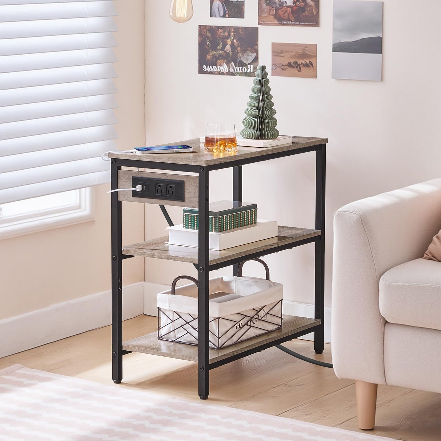 HOOBRO End Table with Charging Station, Side Table with 3 Tier Storage Shelf, Narrow Nightstand for Small Spaces, for Living Room, Bedroom, Easy Assembly, Greige and Black BG149UBZ01