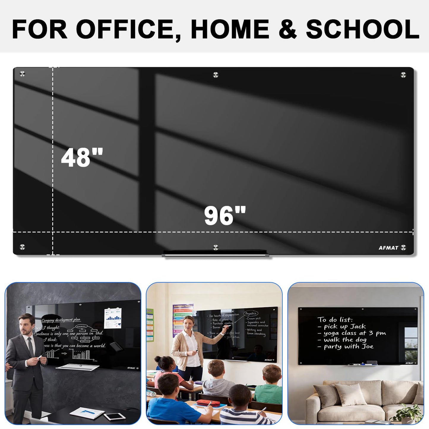AFMAT Magnetic Black Glass Dry Erase Board, 48" x 36" Glass Blackboard, 4mm Tempered Glass w/Strong Magnetic Surface, Large Chalkboard for Wall, Frameless Wall Mounted for Office Home School