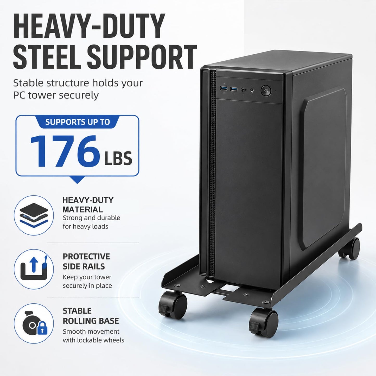 Hovadova Adjustable Computer Tower Stand, Ventilated Mobile CPU Stand Fits Most PC Tower, Steel Desktop CPU Holder with Rolling Caster Wheels, PC Floor Cart Riser for Gaming Office Desk Accessories