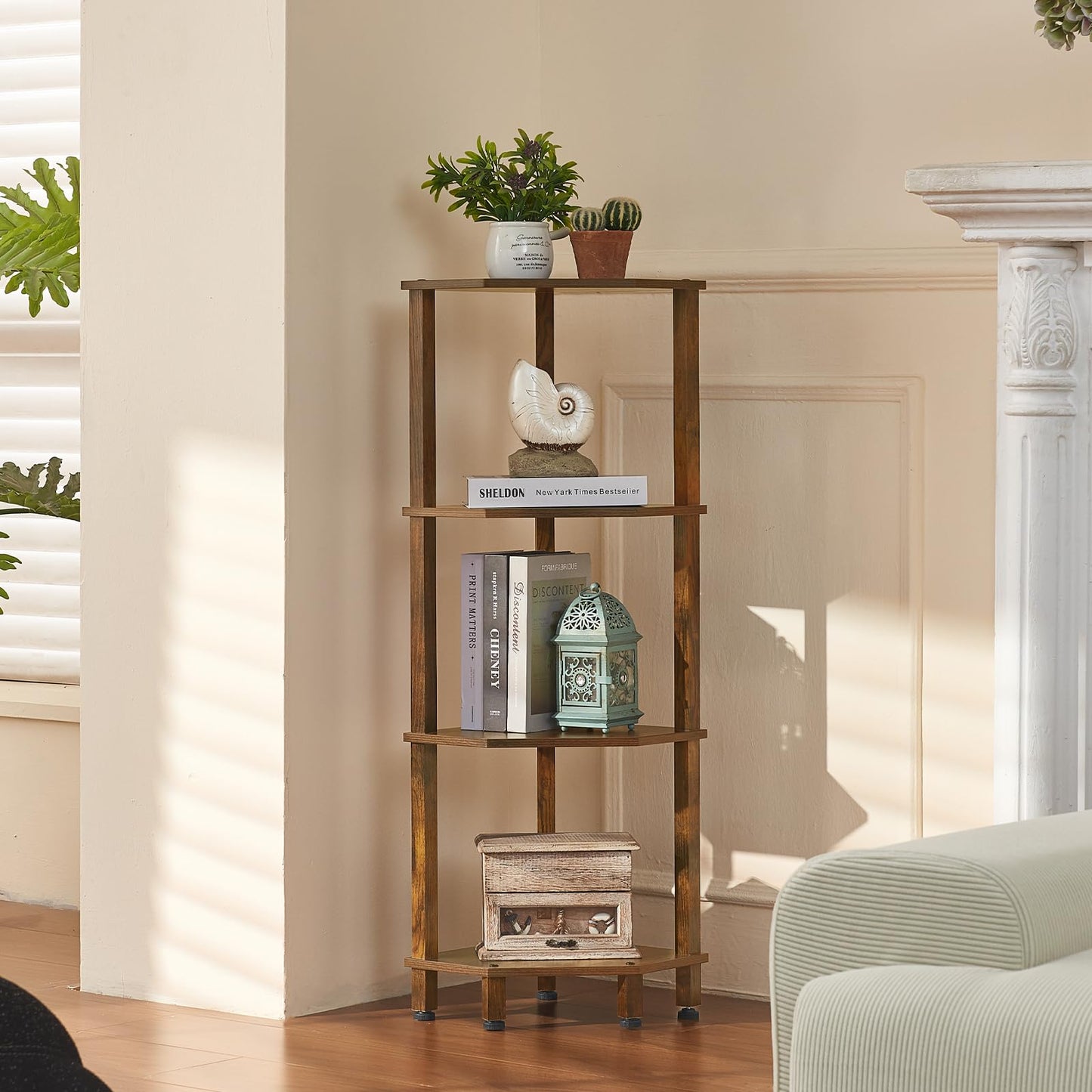 YUFAM 4-Tier Corner Shelf with Sturdy 5-Leg Base, Wooden Corner Bookshelf for Small Spaces, Corner Standing Shelf for Living Room, Bedroom, Office, Brown