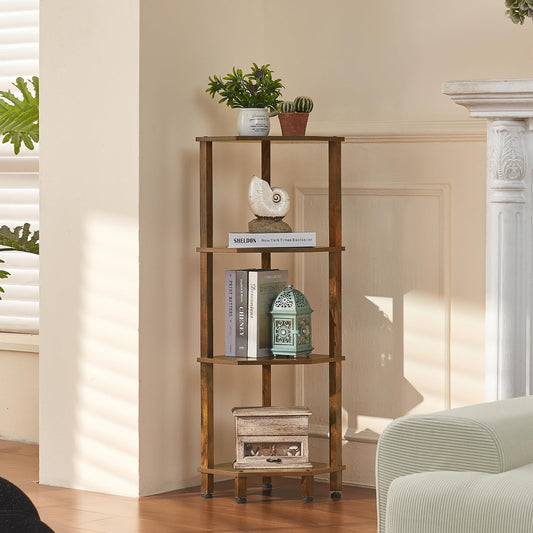 YUFAM 4-Tier Corner Shelf with Sturdy 5-Leg Base, Wooden Corner Bookshelf for Small Spaces, Corner Standing Shelf for Living Room, Bedroom, Office, Brown