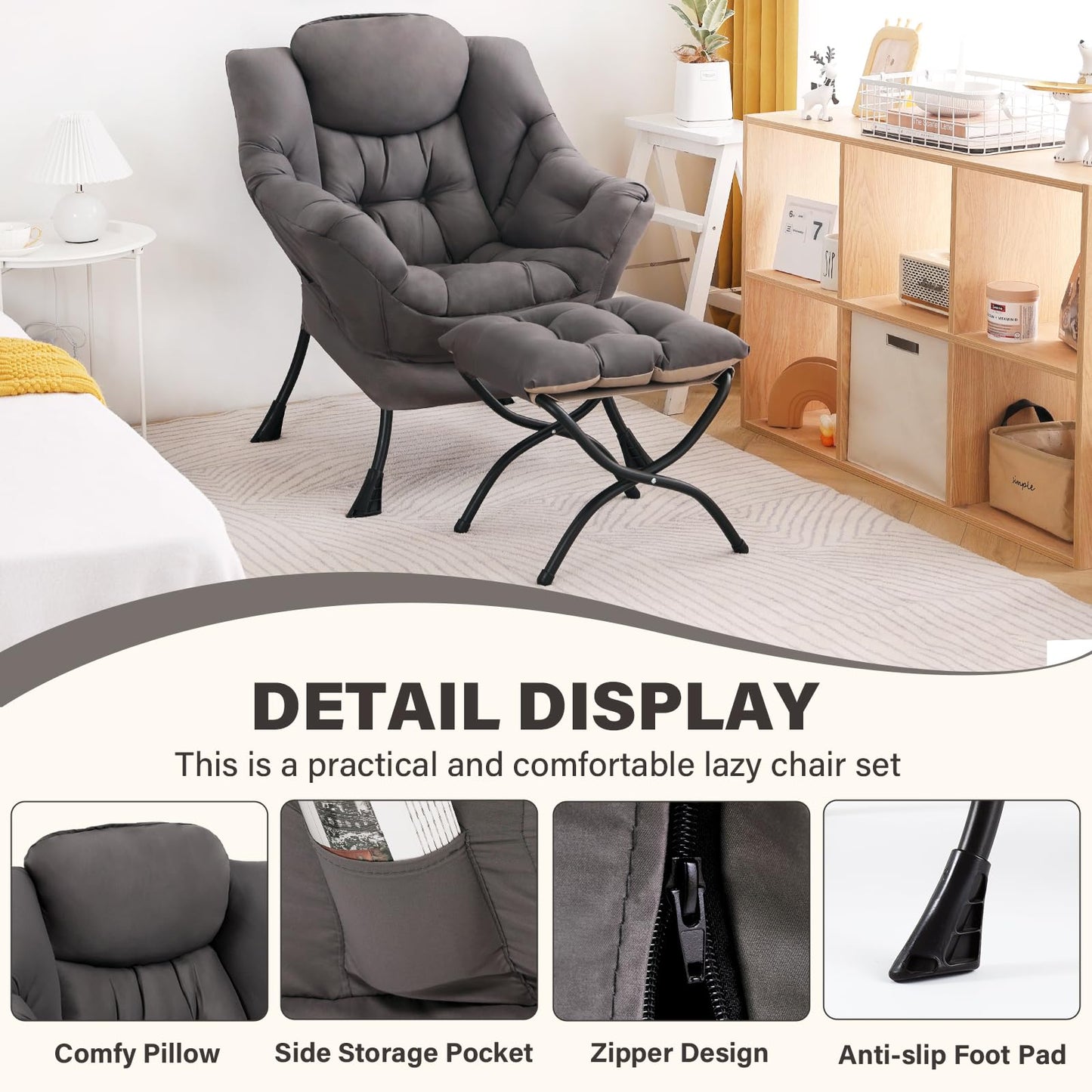SESHINELL Lazy Chair with Ottoman, Modern Accent Chair Contemporary Sofa Chair with Armrests, Reading Chair and Folding Footstool Set for Living Room, Bedroom, Office, Dark Grey