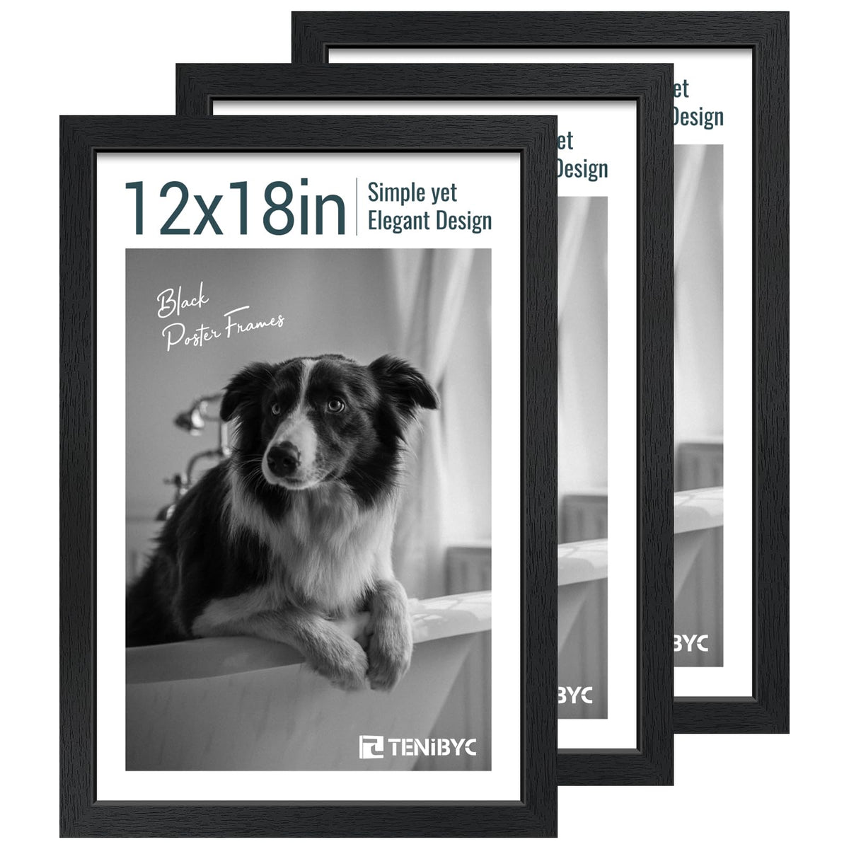 TENIBYC 12x18 Frame Set - 3 Pack, Textured Black Wooden Poster Frame with HD Tempered Glass, Room, Office, Gallery, Studio, and Hallway Decor - Wall Hanging