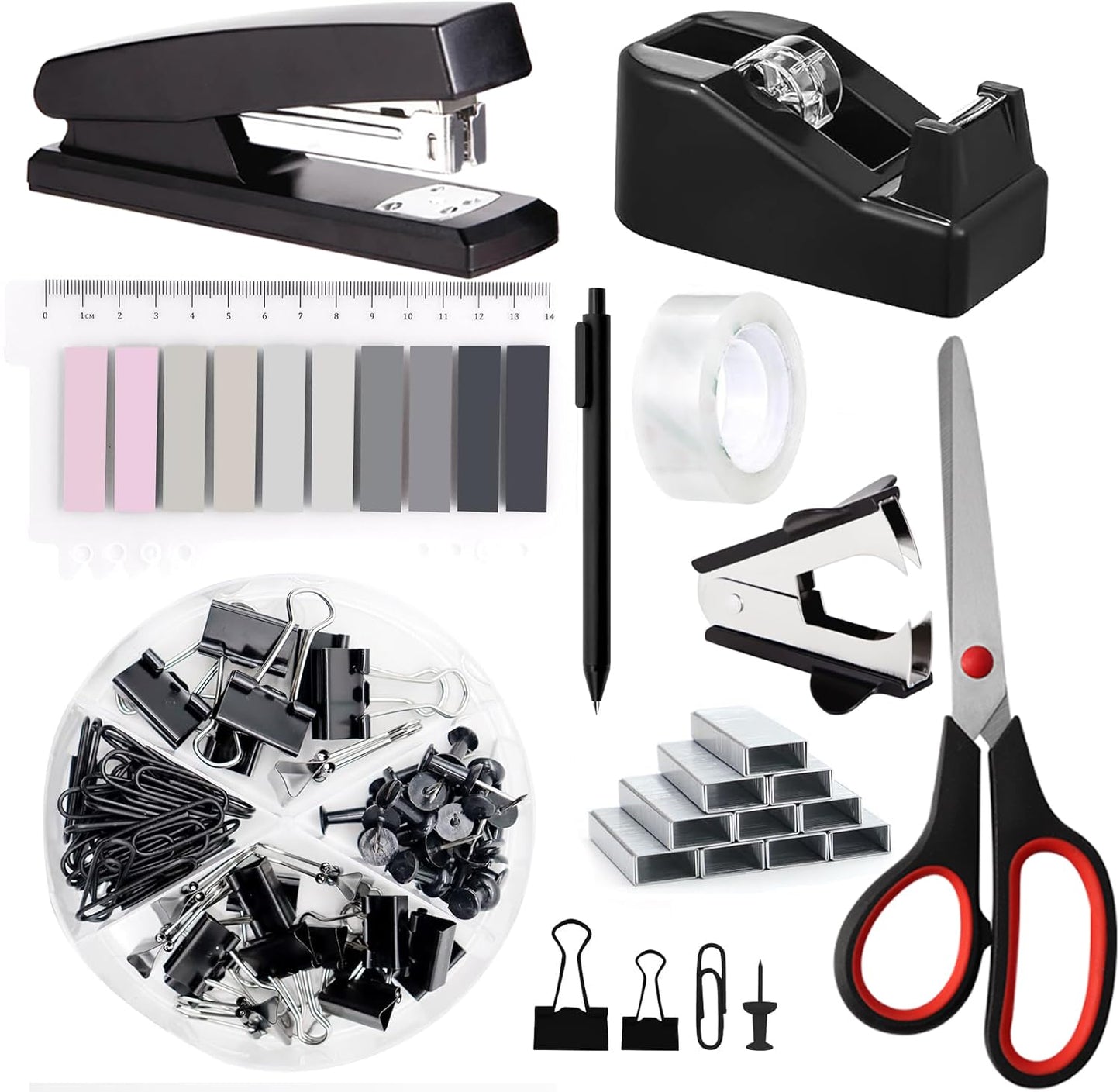 Office Supplies,Black Desk Accessories,Office Supplies Set,Stapler and Tape Dispenser Set,Scissors,Staple Remover,Binder Clips,Staples,Ballpoint Pen,Index Tabs with Ruler,Clear Tape.9pcs for Office