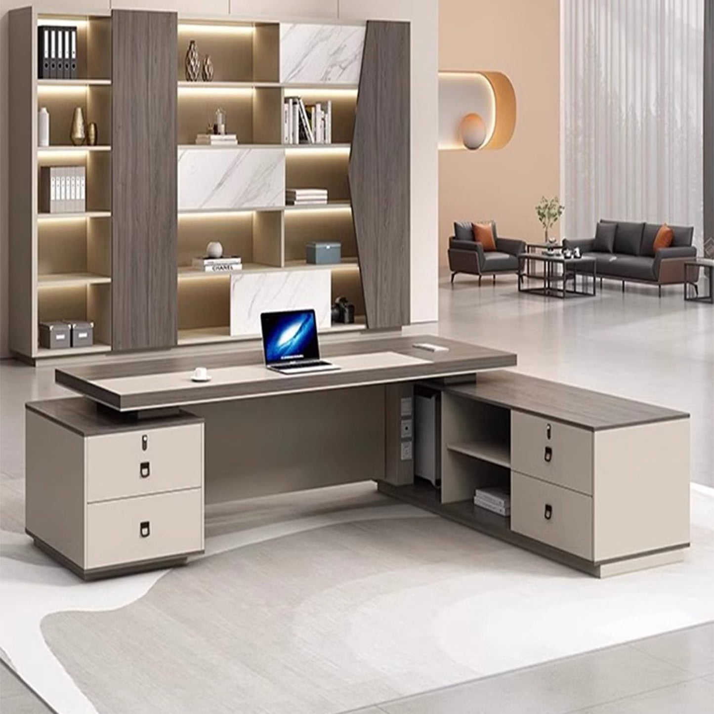LSIGHTUS Modern Executive Desk with Storage Cabinet for CEO Boss Manager, Large Sturdy Writing Table Computer Desk with File Drawers Business Furniture Desk Workstation for Home Office