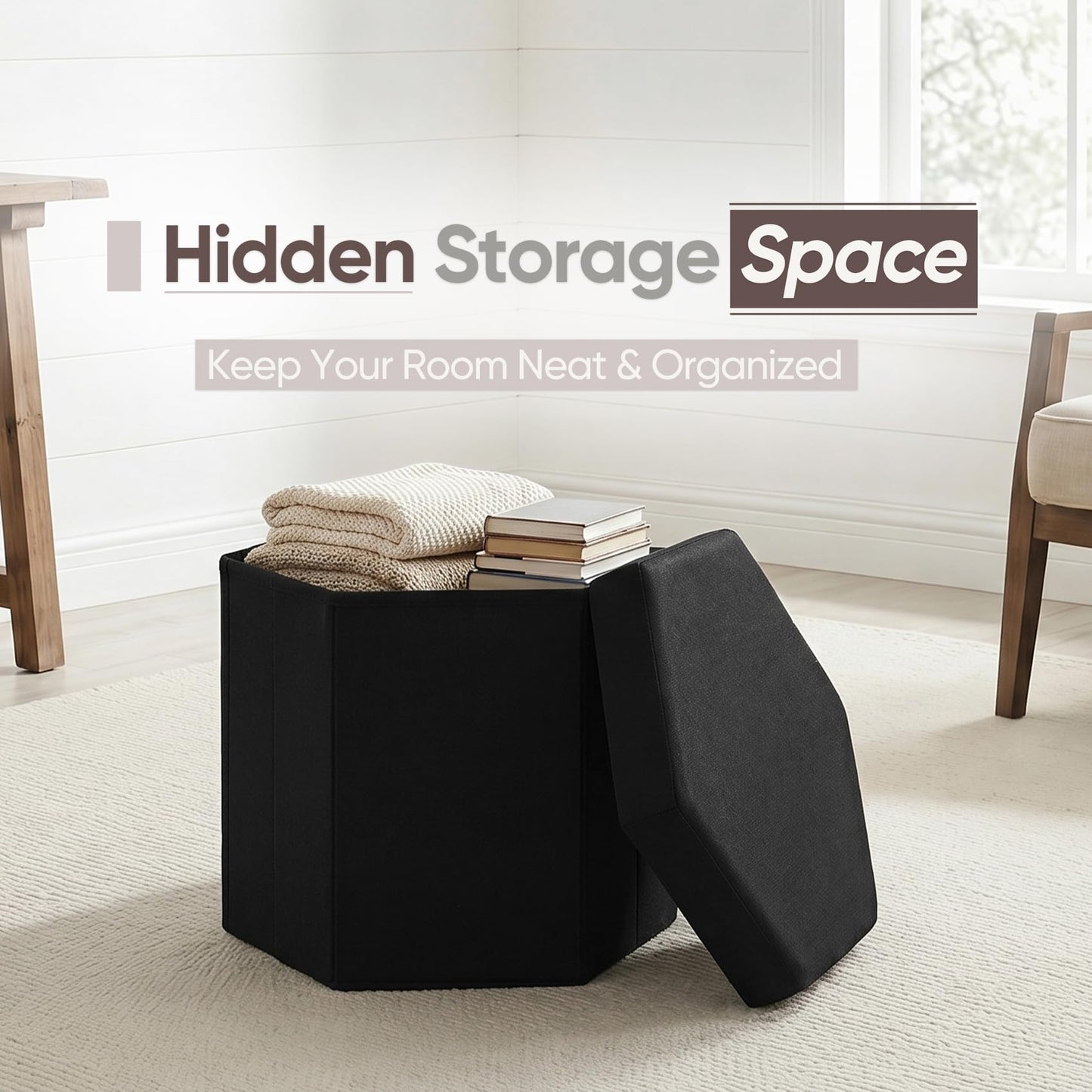 ZOLANOful Hexagon Storage Ottoman, Foldable Linen Footrest with Hidden Storage, Upholstered Ottoman Footstool for Living Room, Bedroom, Dorm, Entryway, 15 x 16.9 x 15 Inches, Black
