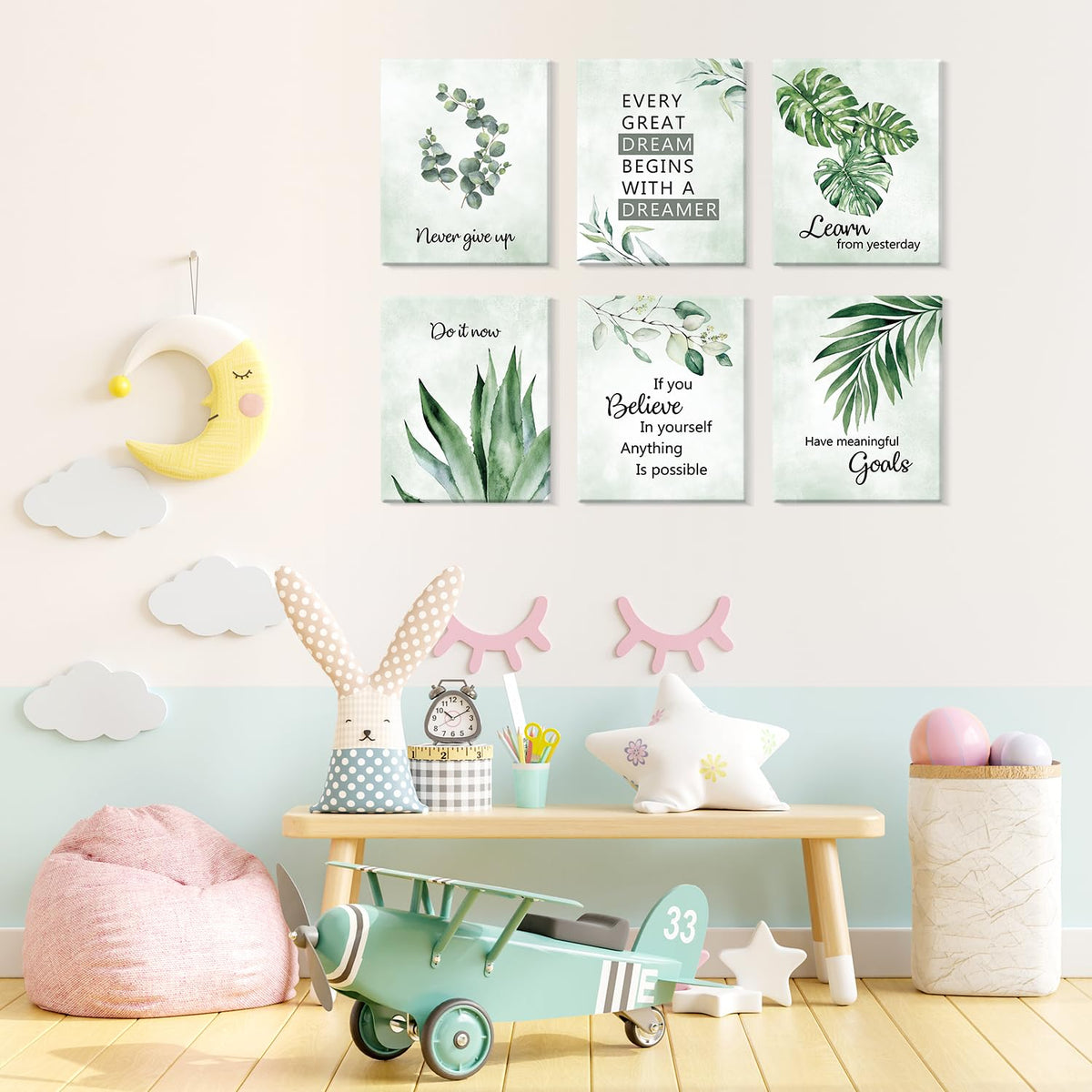 CHDITB Inspirational Plant Art Office Decor, Positive Affirmations Wall Decor, Botanical Canvas Motivational Framed Wall Art,Set Of 6(8x10 Inch) Eucalyptus Leaves Sage Poster For Classroom Home Decor