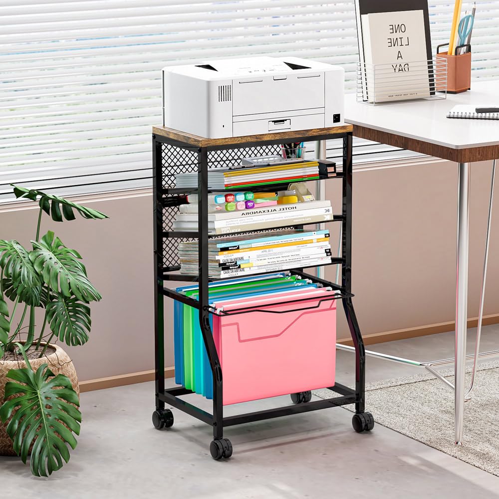 INGIORDAR 5-Tier Rolling File Cart, Under Desk Storage Organizer with Lockable Wheels & Mesh Sliding Trays, Multi-Functional Mobile Utility Cart for Office, Home, School, Black