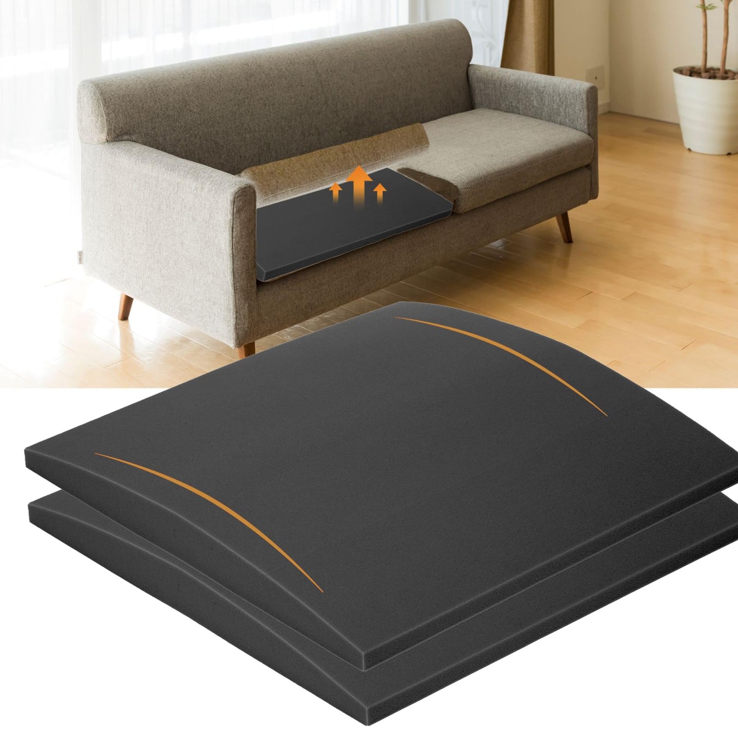 Langierspur Couch Cushions Support for Sagging Seats, Curved 20" x 20" High-Density Foam Support Board for Under Cushions, Firm Sofa Seat Repair Insert for Sectionals, Loveseats & Chairs，Black 2pcs