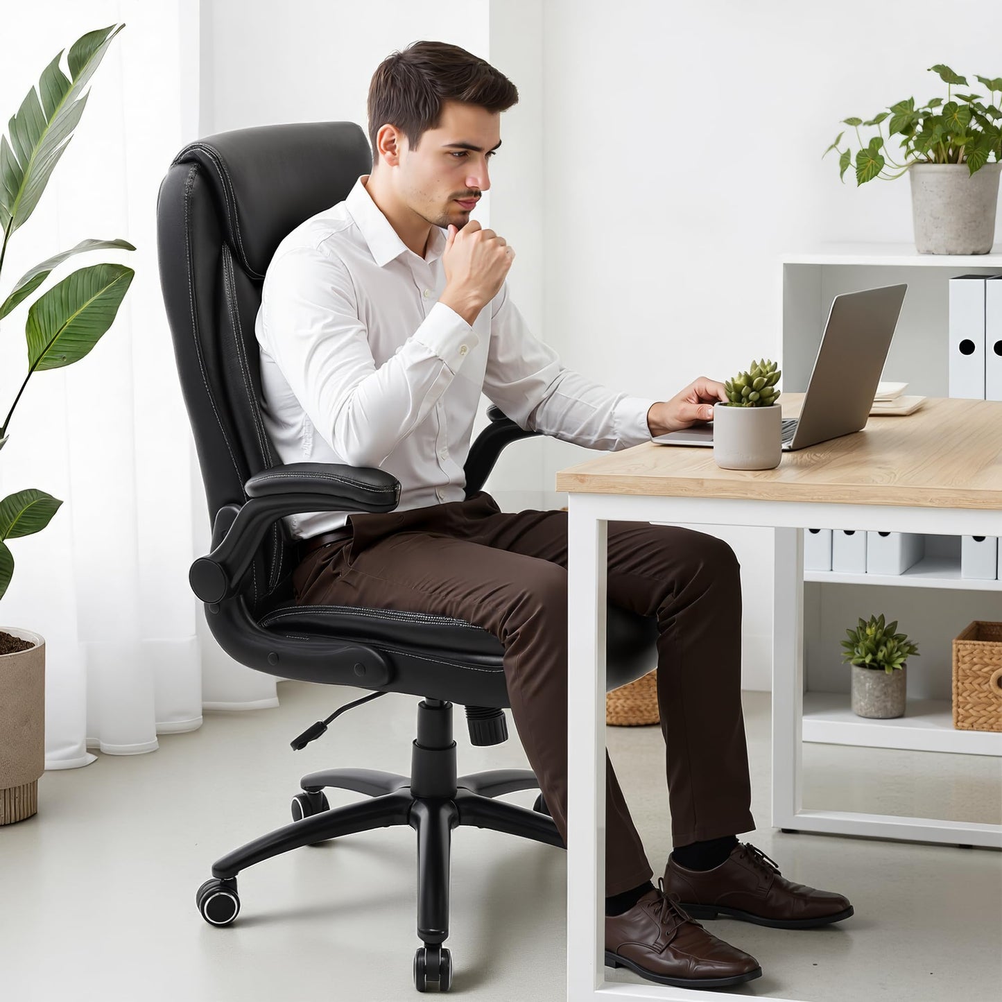 MALOL Ergonomic PU Leather Office Chair with Flip-Up Armrests & Reclining Backrest, 300lbs Thick Padded Seat Executive Desk Chair-Adjustable Height & Tilt Tension, Black