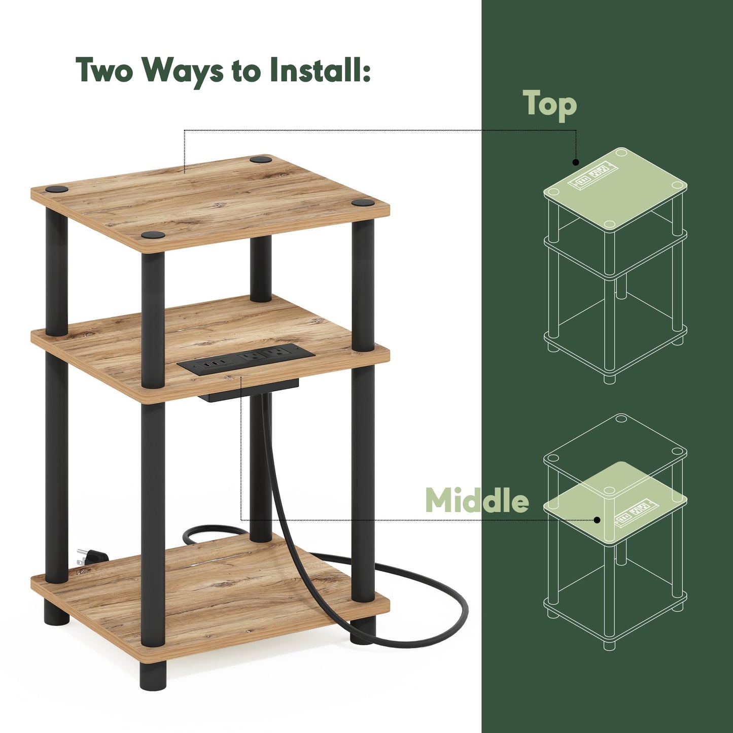 Furinno Just 3-Tier Turn-N-Tube USB and Type-C Charging Port End Table with Open Storage, 11.42 (W) x 8.82 (H) x 6.77 (D) inches, Flagstaff Oak/Black