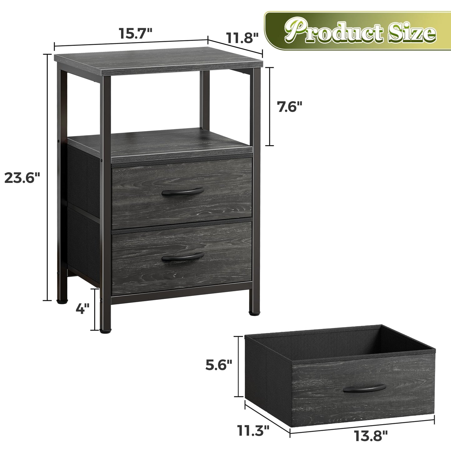 Huuger Night Stand Set of 2, Nightstand with 2 Drawers, Bed Side Table with Open Shelf, Wooden Top, End Table, Fabric Drawer with Charcoal Black Wood Grain Print, for Bedroom