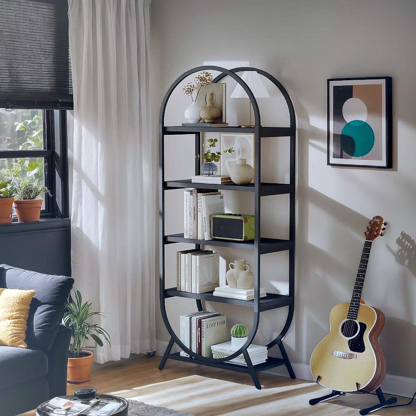 BIASUNS Arched Bookshelf,5-Tier Tall Wide Open Bookshelf,Modern Brown Storage Bookshelves, Freestanding Display Rack Shelving Unit for Office, Bedroom, Living Room, Easy Assembly, Black