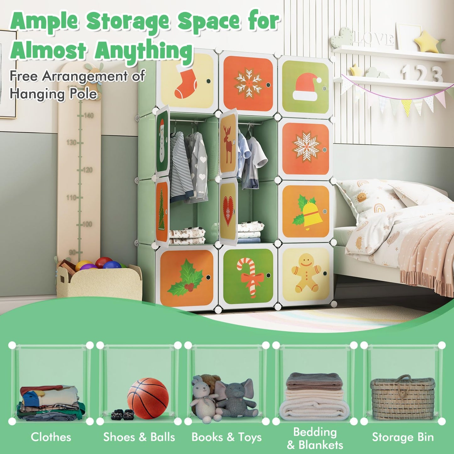 HONEY JOY Kids Wardrobe Closet, Baby Cartoon Clothes Storage Organizer, 12 Cubes & 2 Hanging Sections, Portable Children DIY Modular Bedroom Armoire Dresser Cabinet for Boys Girls (Green)