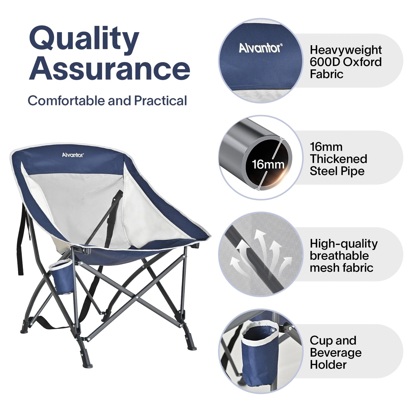 Alvantor Folding Camping Chair with Breathable Mesh, Portable Outdoor Chair for Adults, Heavy Duty Steel Frame Supports 250 lbs, Built-in Cup Holder, Carry Strap for Camping Beach Sports Tailgating