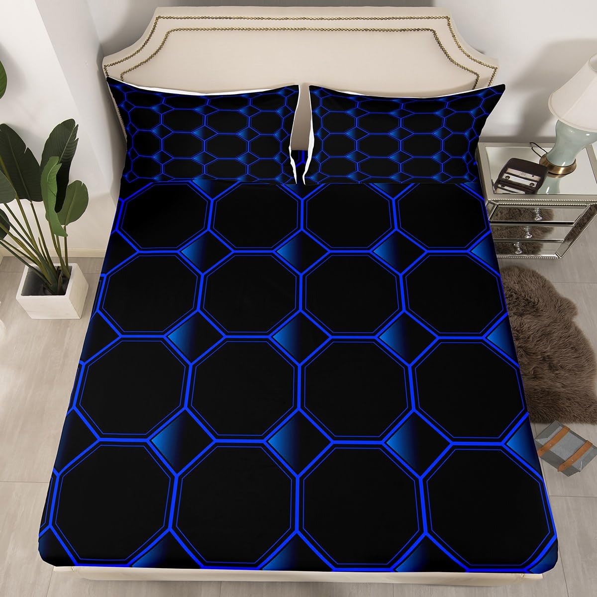 Honeycomb Bed Sheets Set Queen Size Geometric Hexagonal Beehive Sheet Set for Boys,3D Stereoscopic Blue Hexagon Sheets,Neon Simplistic Geometrical Black Room Decor